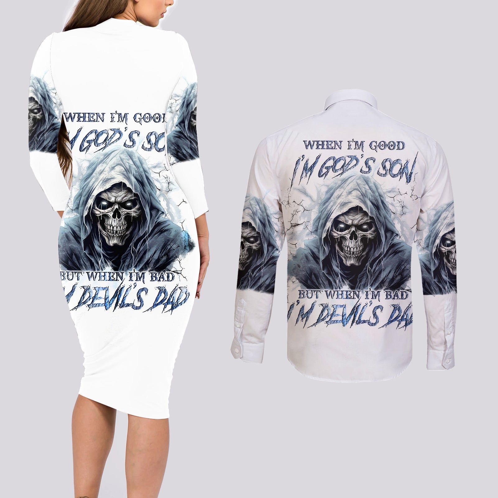 death-skull-couples-matching-long-sleeve-bodycon-dress-and-long-sleeve-button-shirts-when-im-good-i-gods-son-but-when-im-bad-im-devils-dad