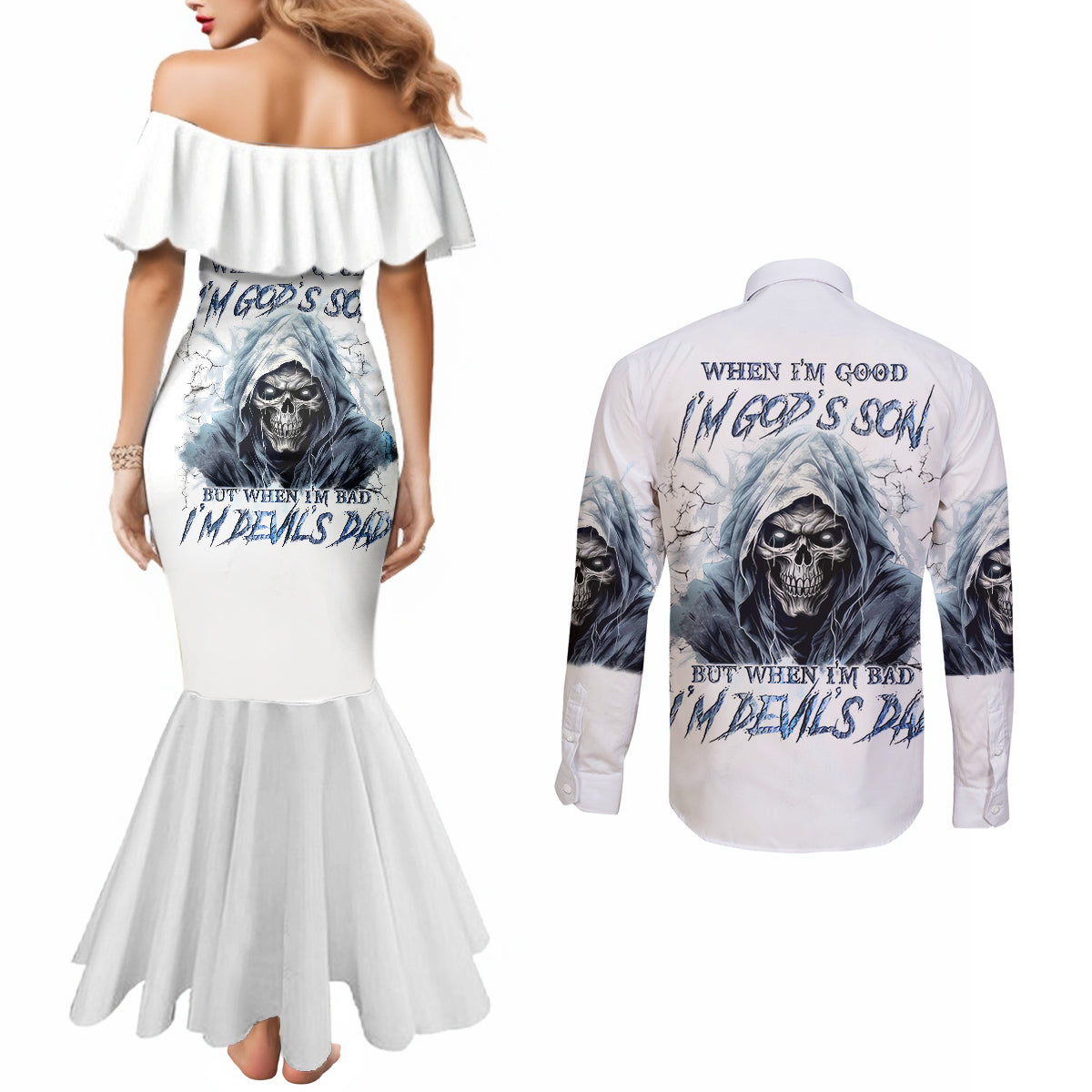 death-skull-couples-matching-mermaid-dress-and-long-sleeve-button-shirts-when-im-good-i-gods-son-but-when-im-bad-im-devils-dad