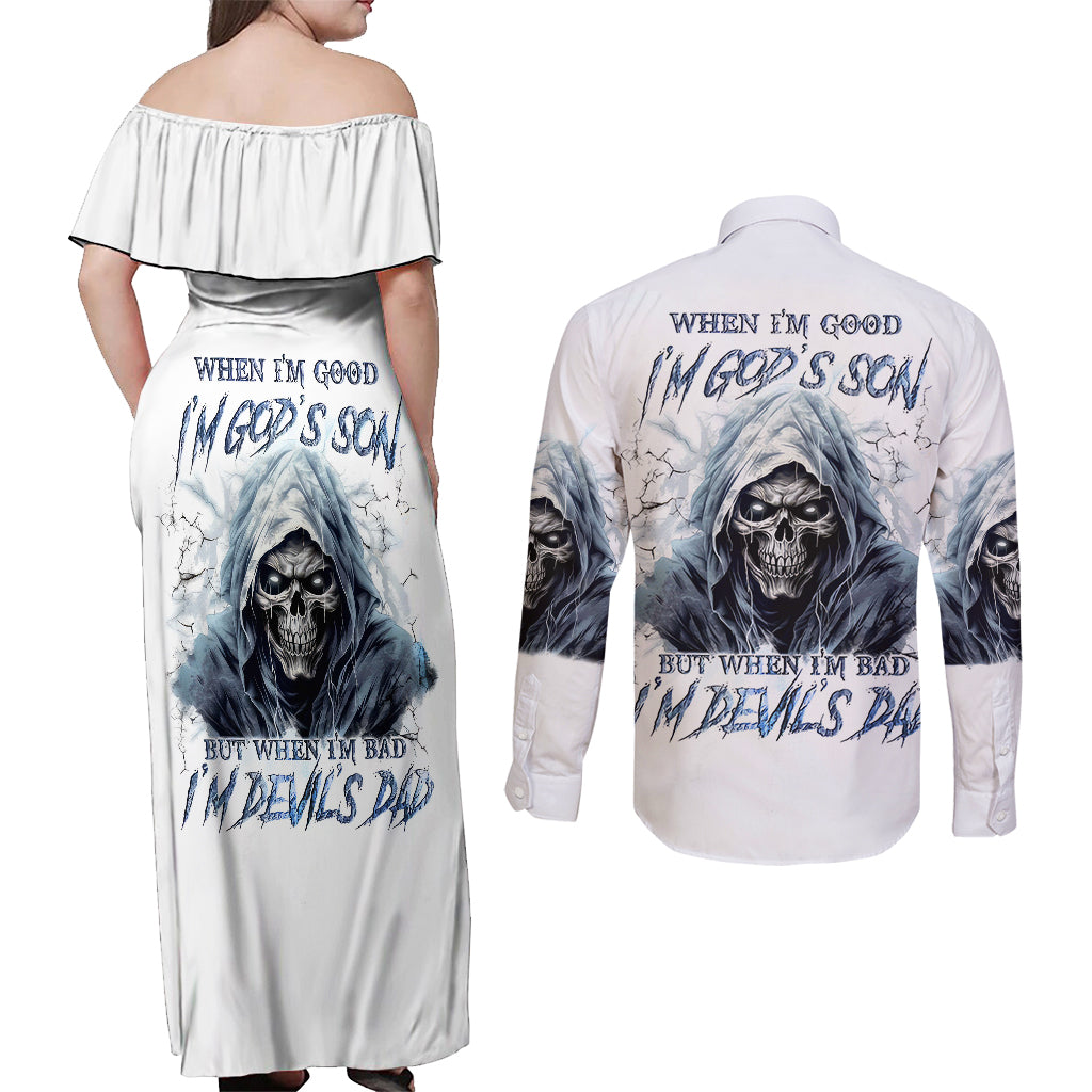 death-skull-couples-matching-off-shoulder-maxi-dress-and-long-sleeve-button-shirts-when-im-good-i-gods-son-but-when-im-bad-im-devils-dad