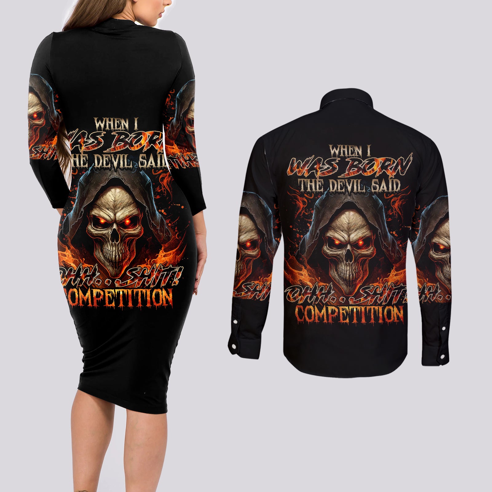 flame-skull-couples-matching-long-sleeve-bodycon-dress-and-long-sleeve-button-shirts-when-i-was-born-the-devil-said-oh-shit-compettion