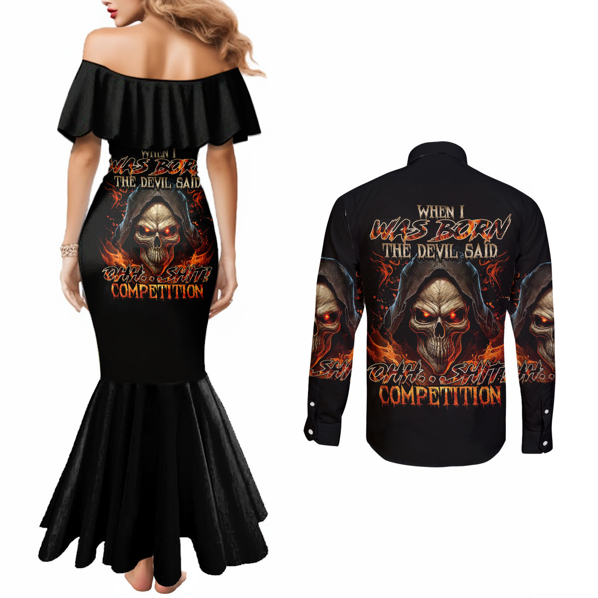 flame-skull-couples-matching-mermaid-dress-and-long-sleeve-button-shirts-when-i-was-born-the-devil-said-oh-shit-compettion