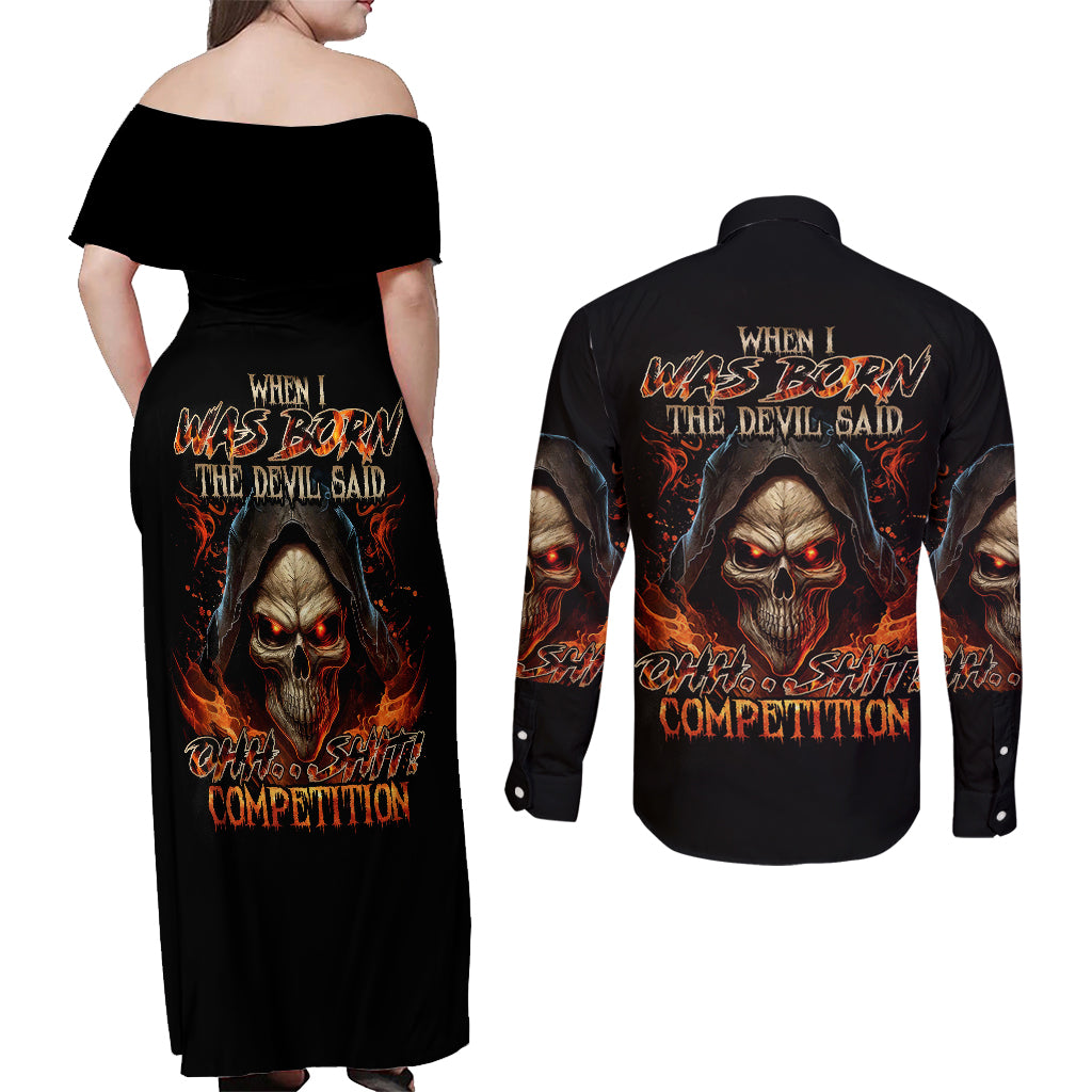 flame-skull-couples-matching-off-shoulder-maxi-dress-and-long-sleeve-button-shirts-when-i-was-born-the-devil-said-oh-shit-compettion