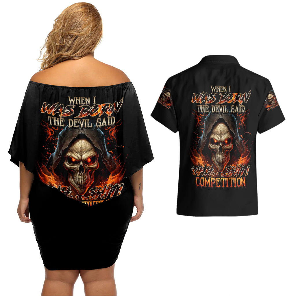 flame-skull-couples-matching-off-shoulder-short-dress-and-hawaiian-shirt-when-i-was-born-the-devil-said-oh-shit-compettion