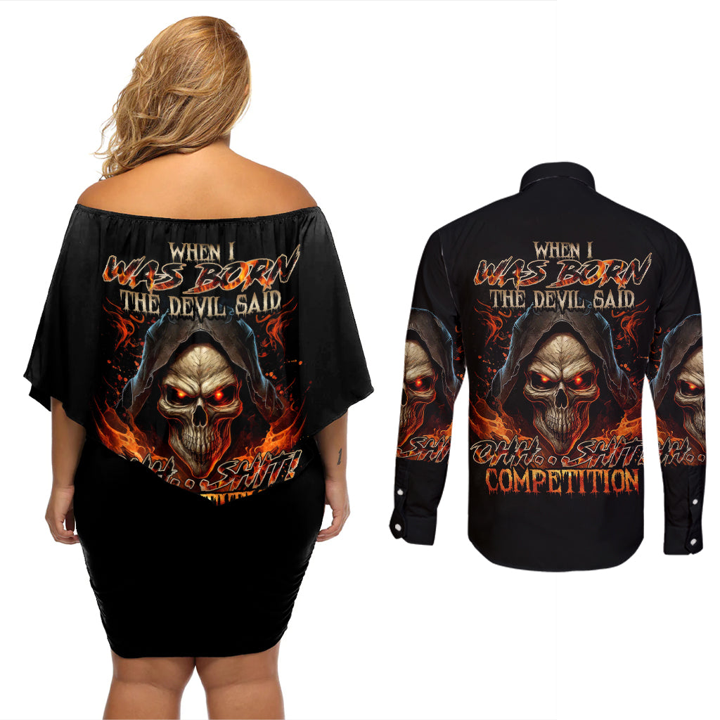 flame-skull-couples-matching-off-shoulder-short-dress-and-long-sleeve-button-shirts-when-i-was-born-the-devil-said-oh-shit-compettion