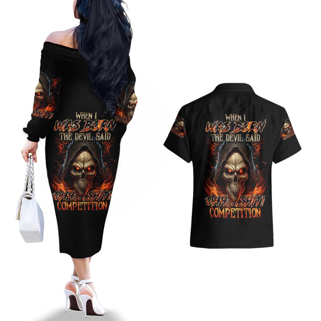 flame-skull-couples-matching-off-the-shoulder-long-sleeve-dress-and-hawaiian-shirt-when-i-was-born-the-devil-said-oh-shit-compettion