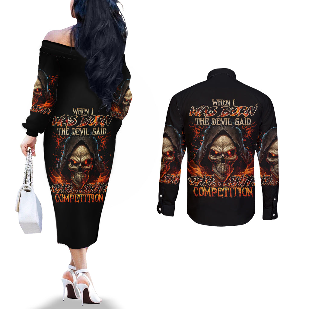 flame-skull-couples-matching-off-the-shoulder-long-sleeve-dress-and-long-sleeve-button-shirts-when-i-was-born-the-devil-said-oh-shit-compettion