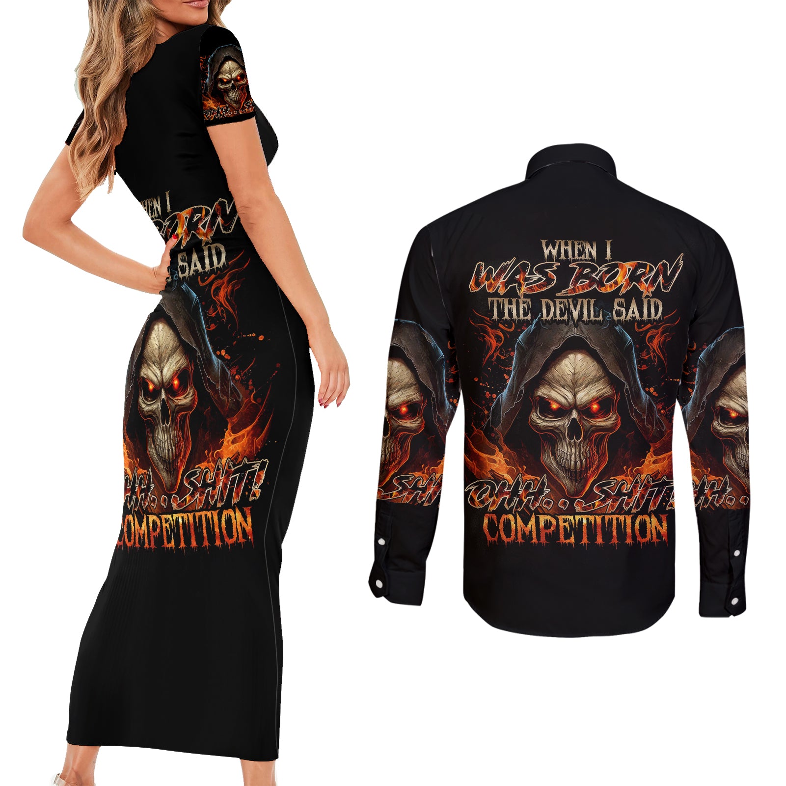 flame-skull-couples-matching-short-sleeve-bodycon-dress-and-long-sleeve-button-shirts-when-i-was-born-the-devil-said-oh-shit-compettion