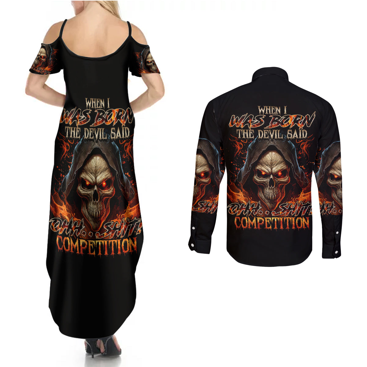 flame-skull-couples-matching-summer-maxi-dress-and-long-sleeve-button-shirts-when-i-was-born-the-devil-said-oh-shit-compettion