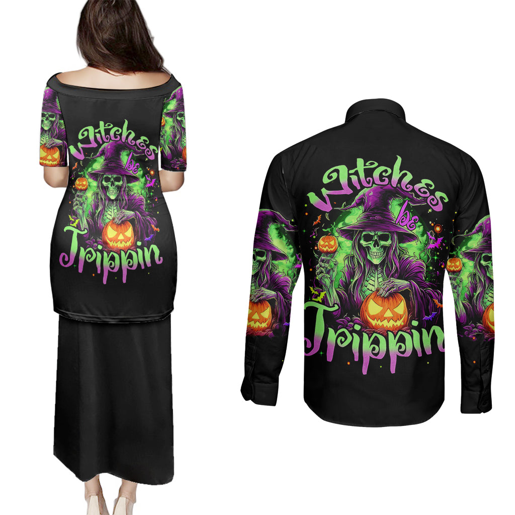 pumpkin-witch-skull-couples-matching-puletasi-dress-and-long-sleeve-button-shirts-witches-be-trippin