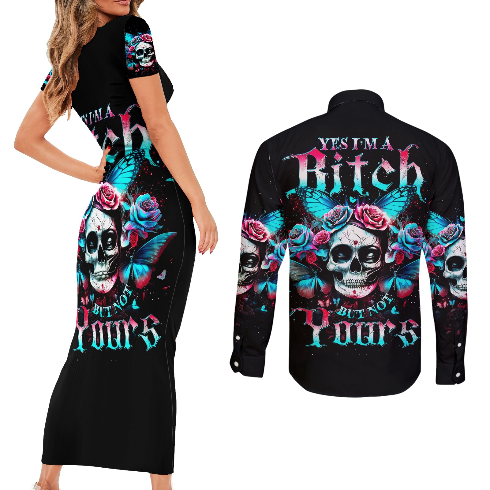 butterfly-skull-couples-matching-short-sleeve-bodycon-dress-and-long-sleeve-button-shirts-yes-im-bitch-but-not-your