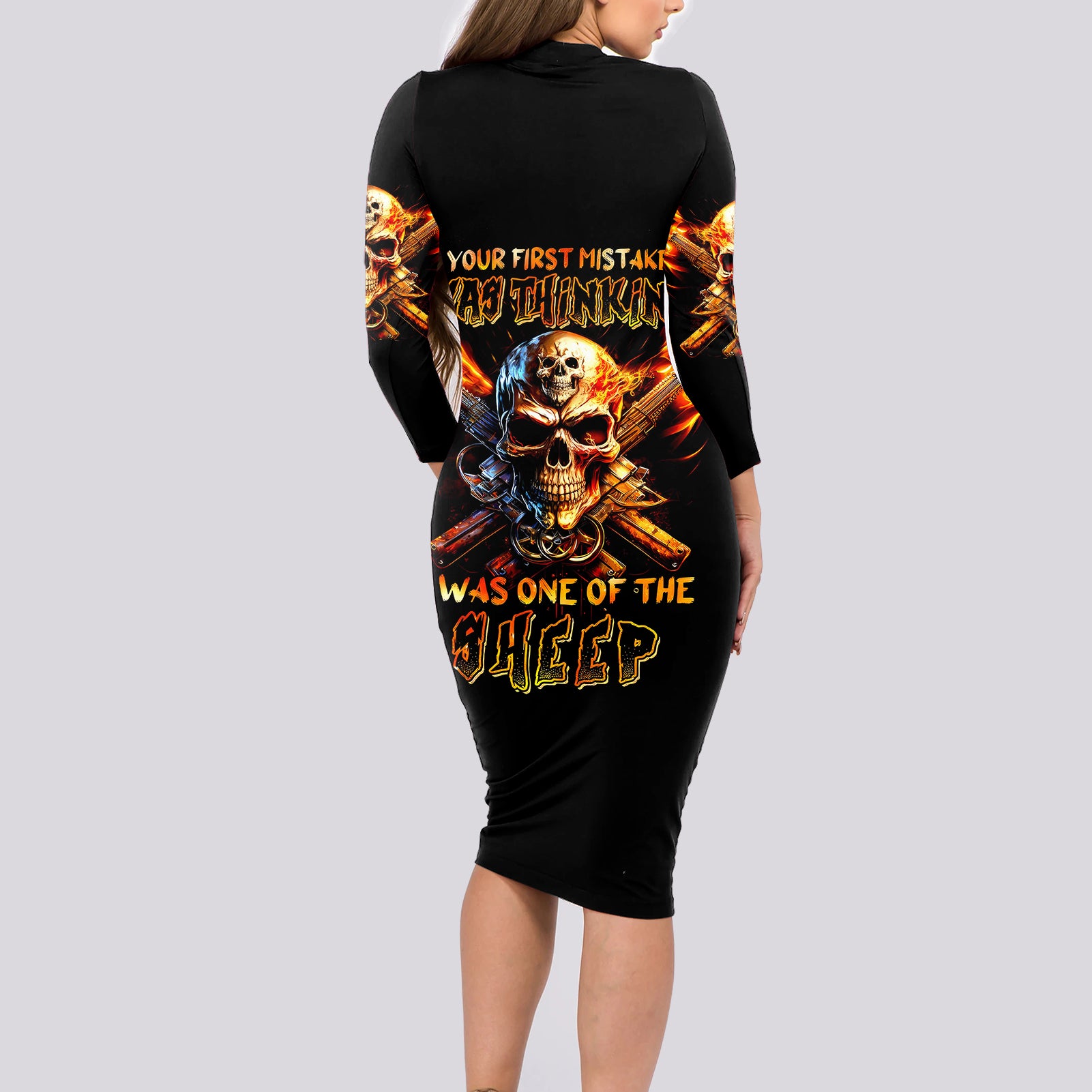 fire-gun-skull-long-sleeve-bodycon-dress-your-first-mistake-was-thinking-i-was-one-of-the-sheep