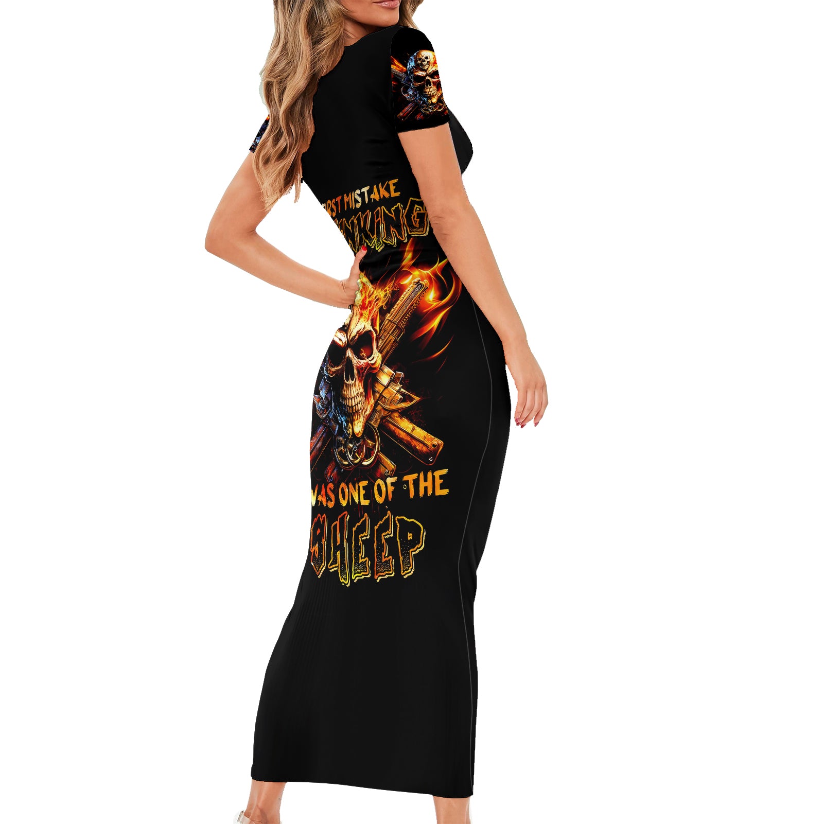 fire-gun-skull-short-sleeve-bodycon-dress-your-first-mistake-was-thinking-i-was-one-of-the-sheep