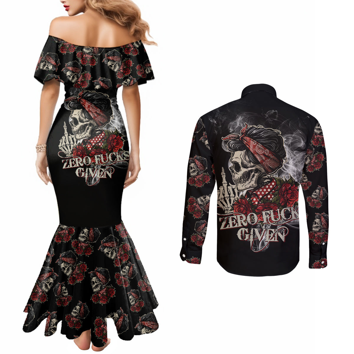 girl-skull-couples-matching-mermaid-dress-and-long-sleeve-button-shirts-zero-fucking-given