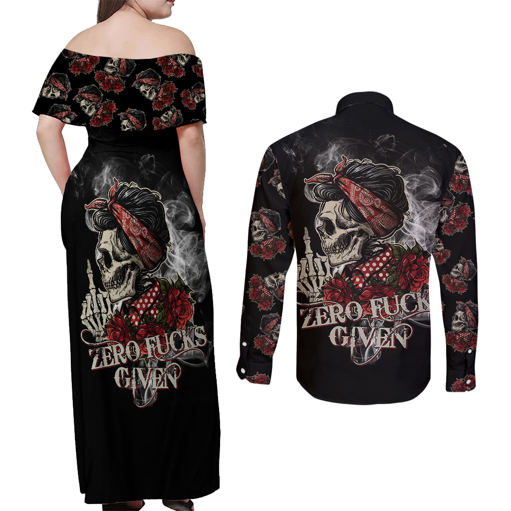 girl-skull-couples-matching-off-shoulder-maxi-dress-and-long-sleeve-button-shirts-zero-fucking-given