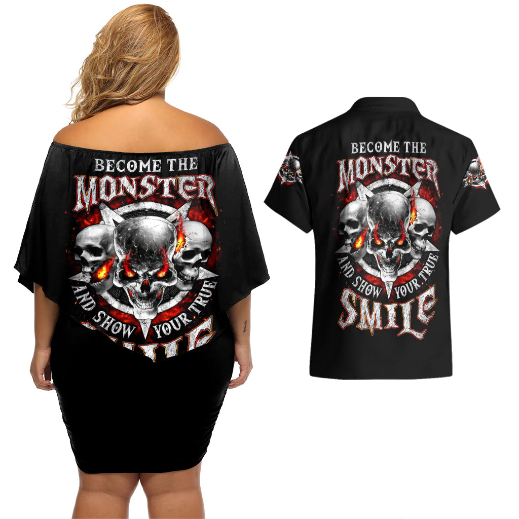 satan-skull-couples-matching-off-shoulder-short-dress-and-hawaiian-shirt-become-the-monster-and-show-your-true-smile