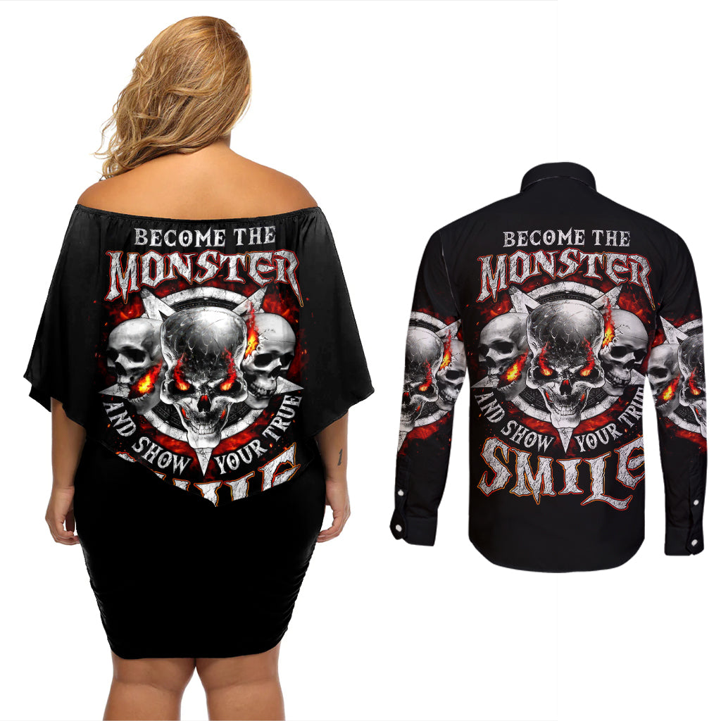 satan-skull-couples-matching-off-shoulder-short-dress-and-long-sleeve-button-shirts-become-the-monster-and-show-your-true-smile