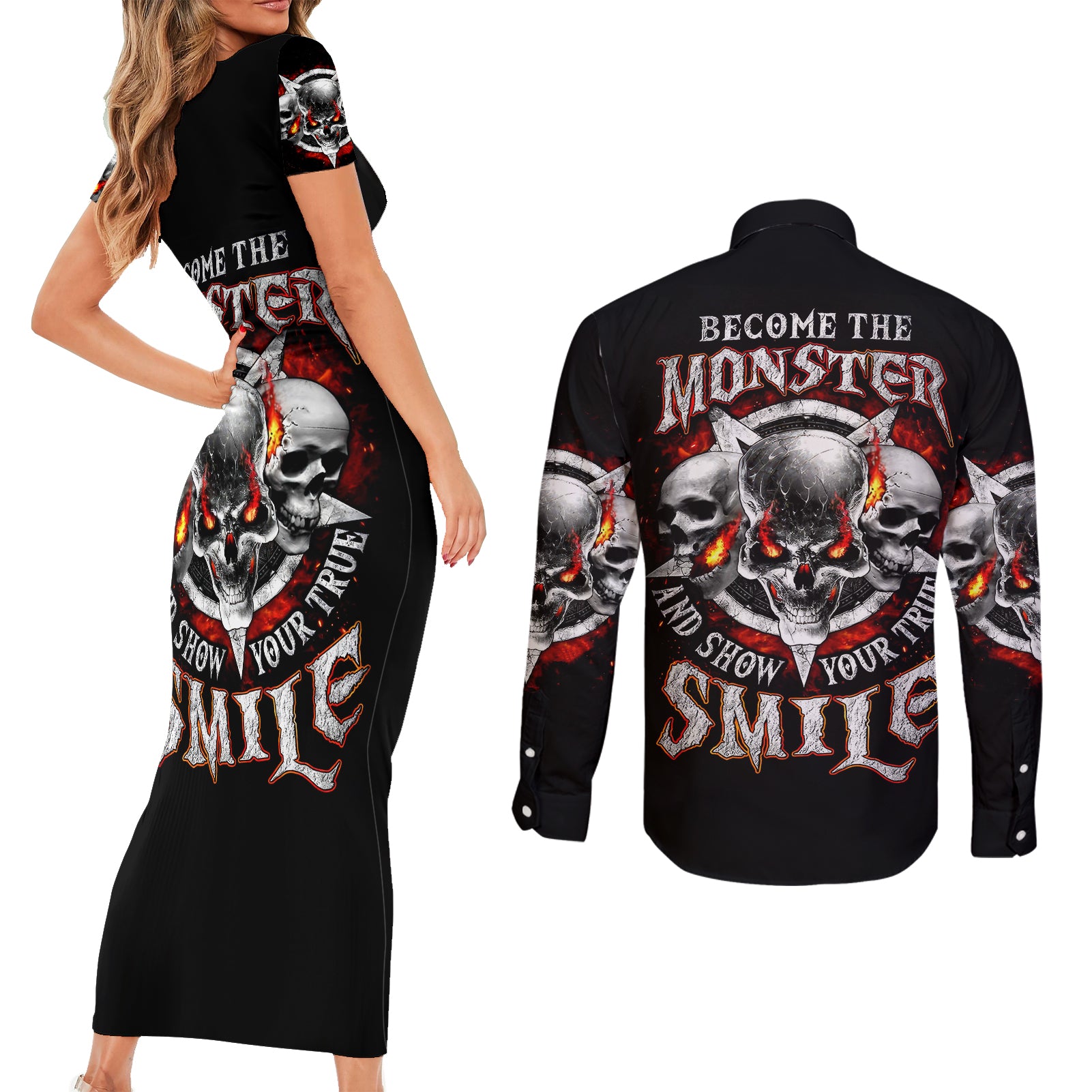 satan-skull-couples-matching-short-sleeve-bodycon-dress-and-long-sleeve-button-shirts-become-the-monster-and-show-your-true-smile