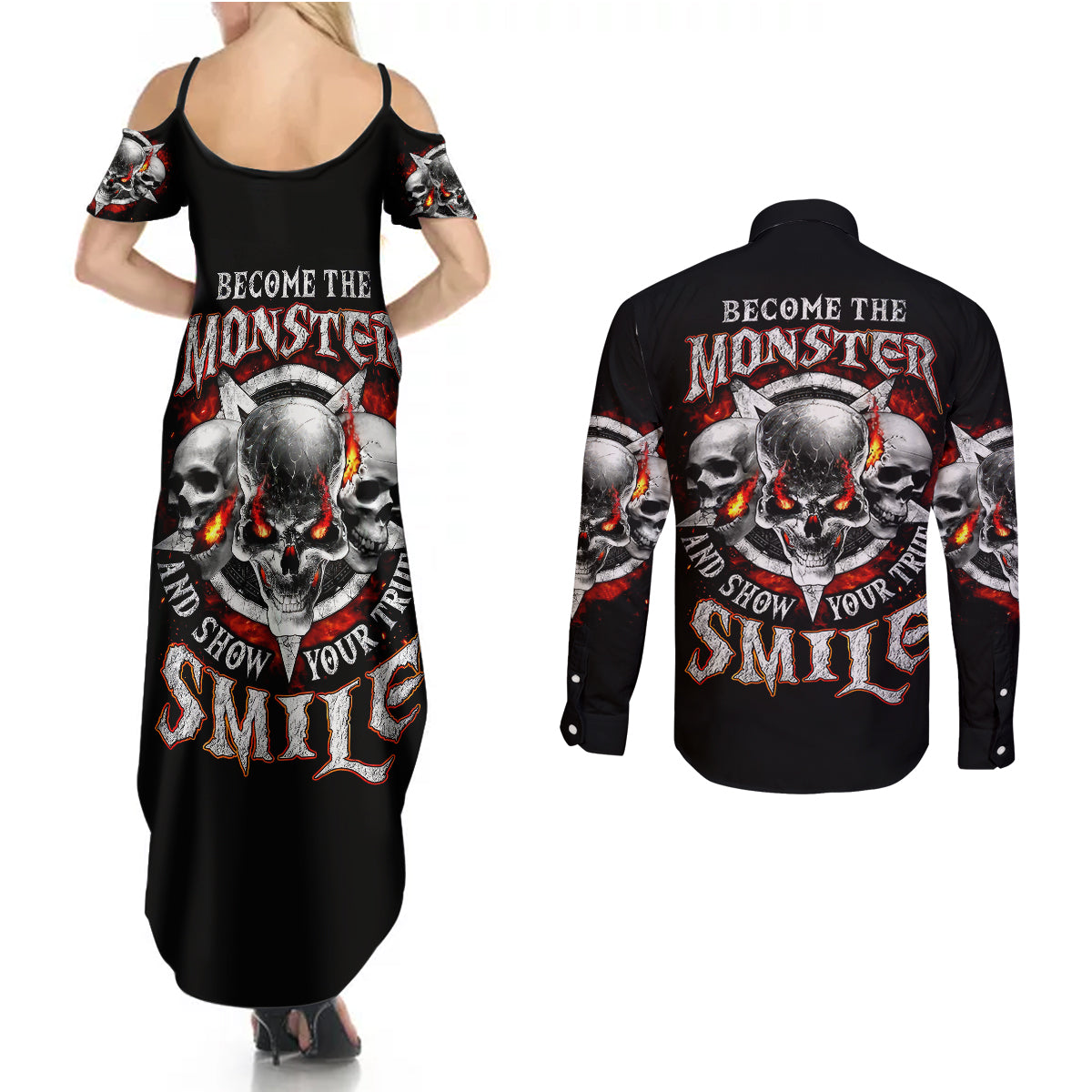 satan-skull-couples-matching-summer-maxi-dress-and-long-sleeve-button-shirts-become-the-monster-and-show-your-true-smile