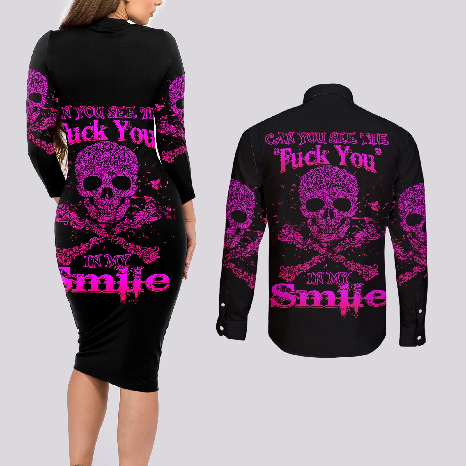 flower-skull-couples-matching-long-sleeve-bodycon-dress-and-long-sleeve-button-shirts-can-you-see-the-fuck-you-in-my-smile