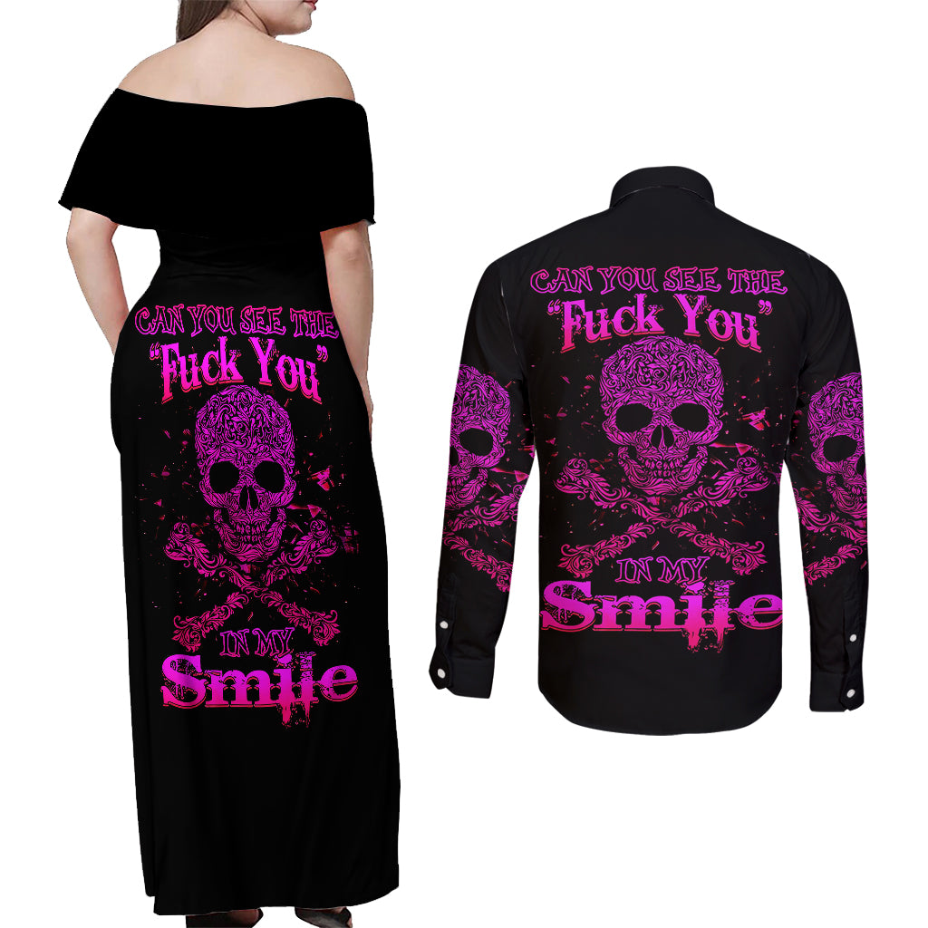 flower-skull-couples-matching-off-shoulder-maxi-dress-and-long-sleeve-button-shirts-can-you-see-the-fuck-you-in-my-smile