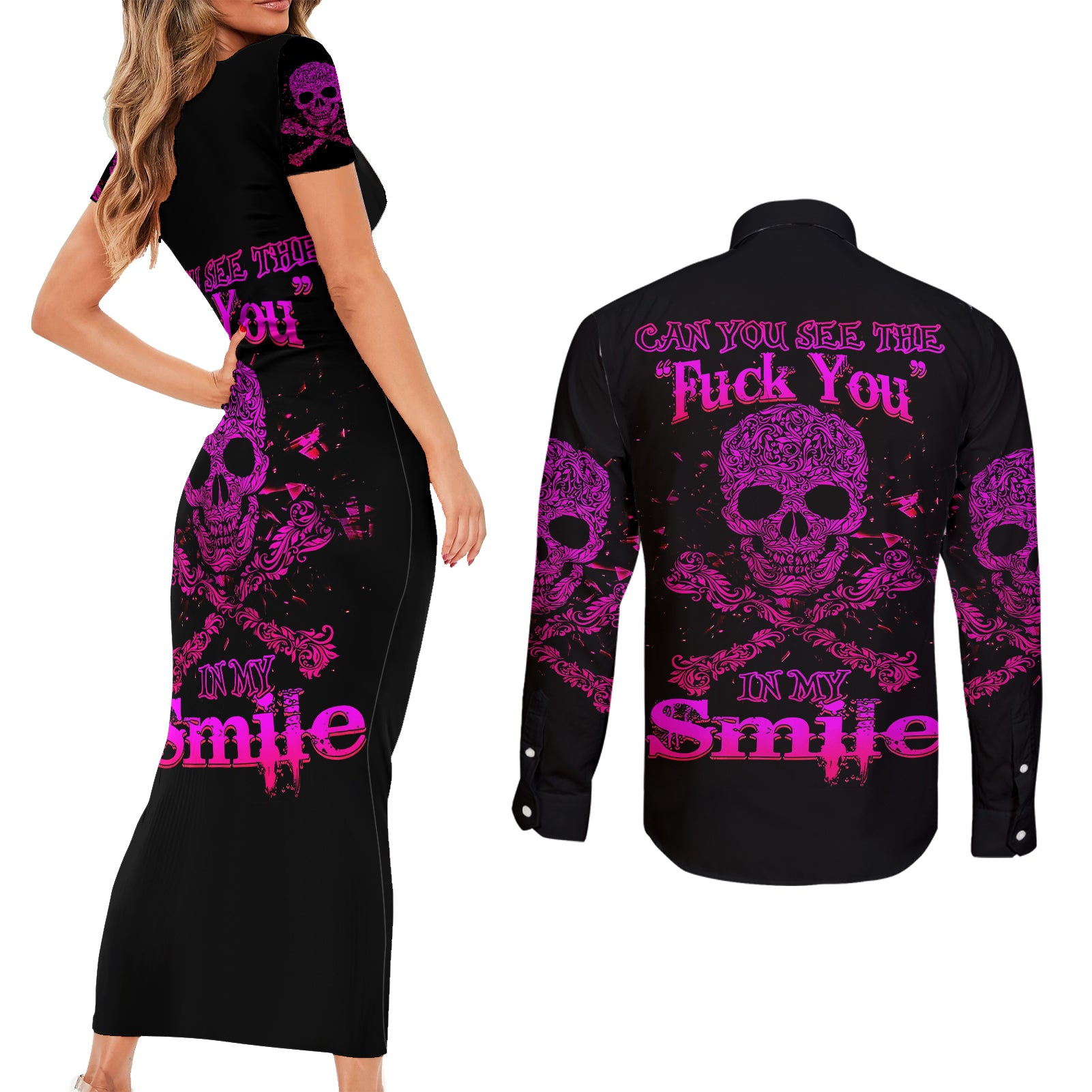 flower-skull-couples-matching-short-sleeve-bodycon-dress-and-long-sleeve-button-shirts-can-you-see-the-fuck-you-in-my-smile