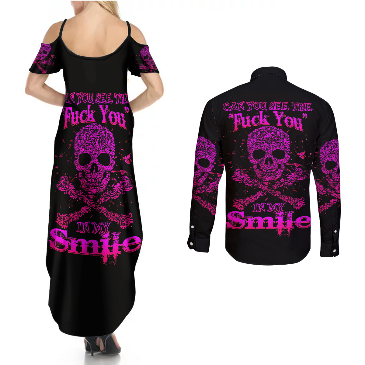 flower-skull-couples-matching-summer-maxi-dress-and-long-sleeve-button-shirts-can-you-see-the-fuck-you-in-my-smile