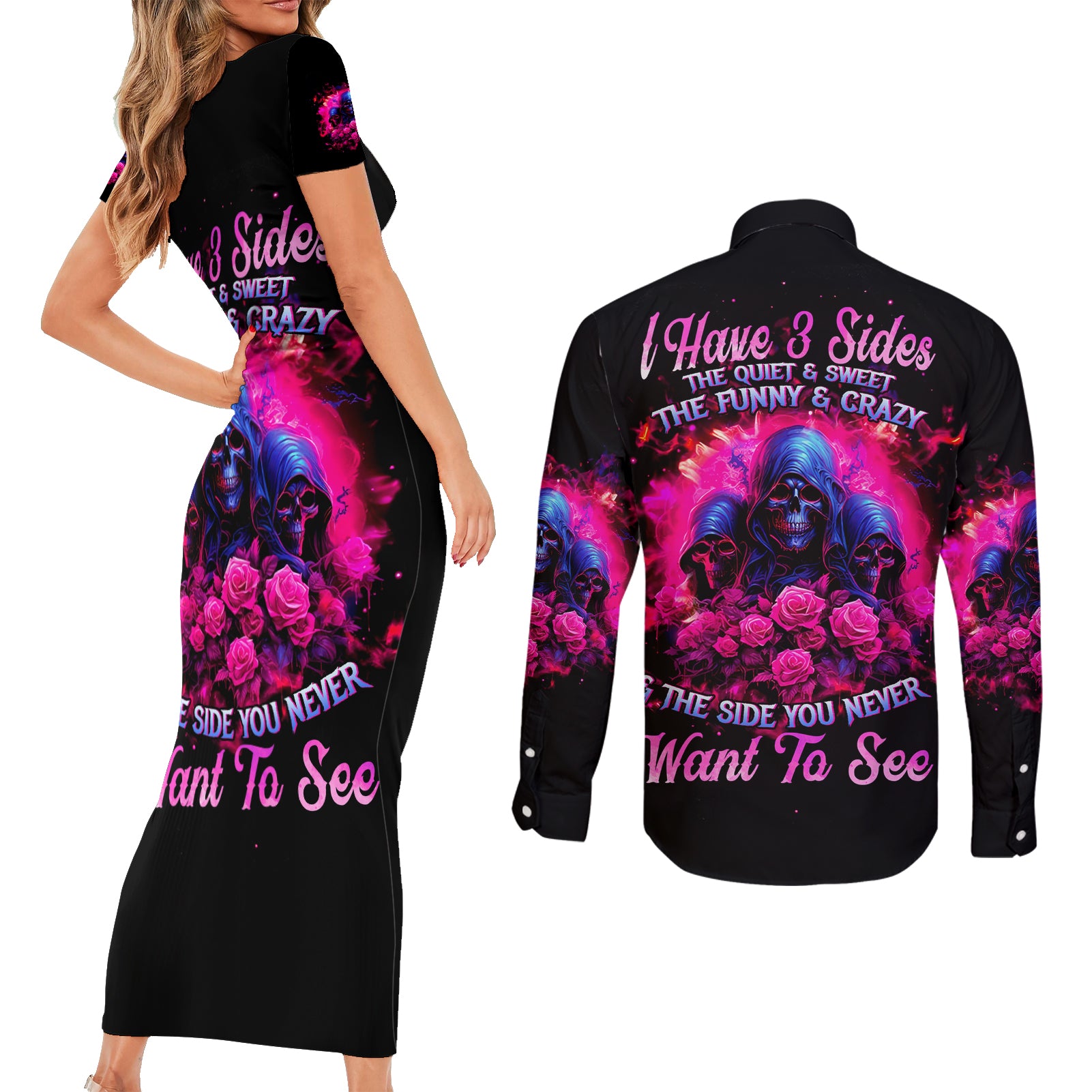 Rose Skull Couples Matching Short Sleeve Bodycon Dress and Long Sleeve Button Shirt I Have 3 Sides And You Never Want To See