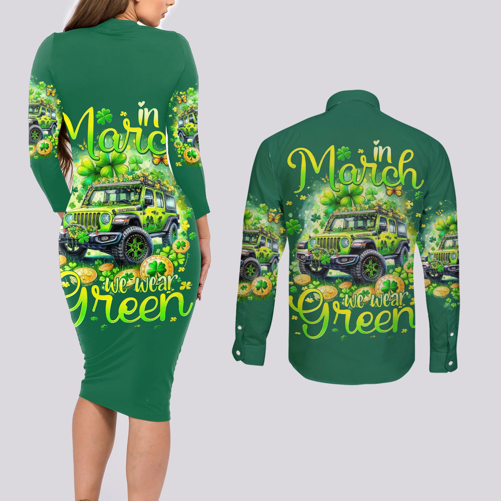 Irsh Jeep Couples Matching Long Sleeve Bodycon Dress and Long Sleeve Button Shirt In March We Wear Green