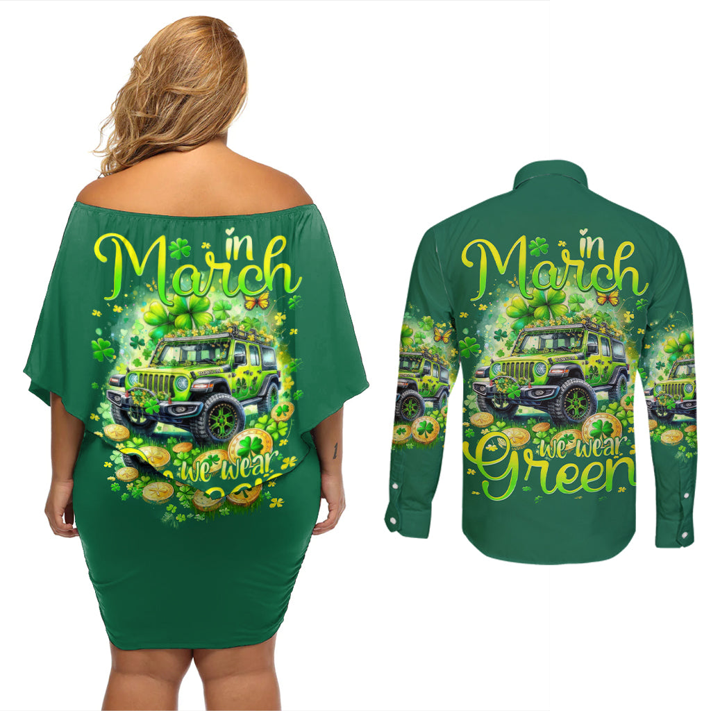 Irsh Jeep Couples Matching Off Shoulder Short Dress and Long Sleeve Button Shirt In March We Wear Green