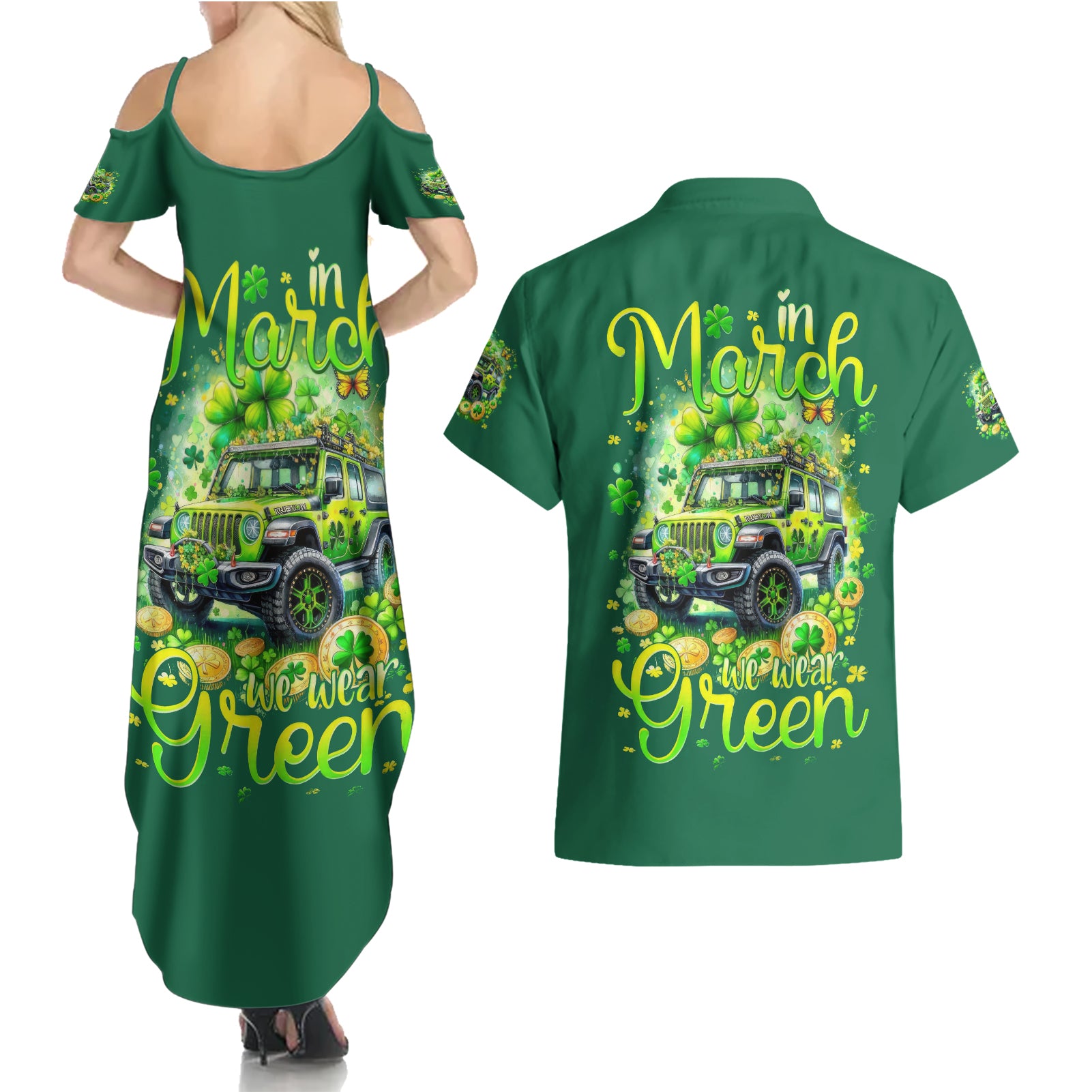 Irsh Jeep Couples Matching Summer Maxi Dress and Hawaiian Shirt In March We Wear Green