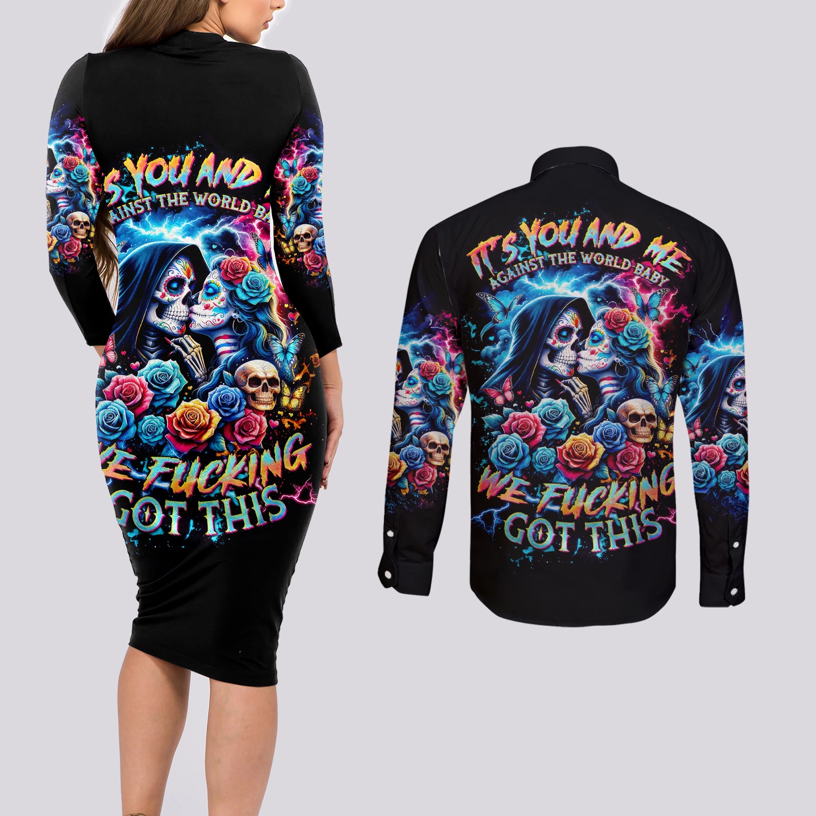 Couple Skull Couples Matching Long Sleeve Bodycon Dress and Long Sleeve Button Shirt It't You And Me Against The World Baby