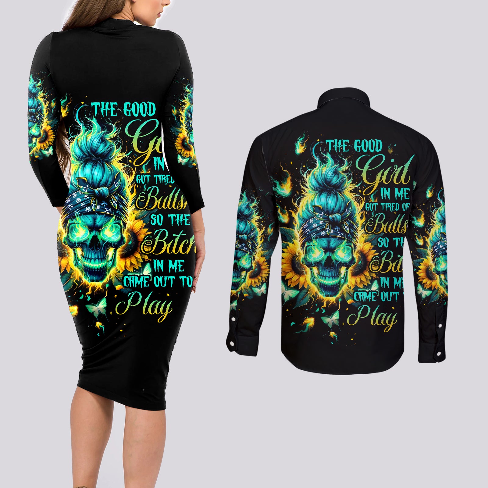 Flame Skull Couples Matching Long Sleeve Bodycon Dress and Long Sleeve Button Shirt The Good Girl In Me Got Tired Of The Bullshit