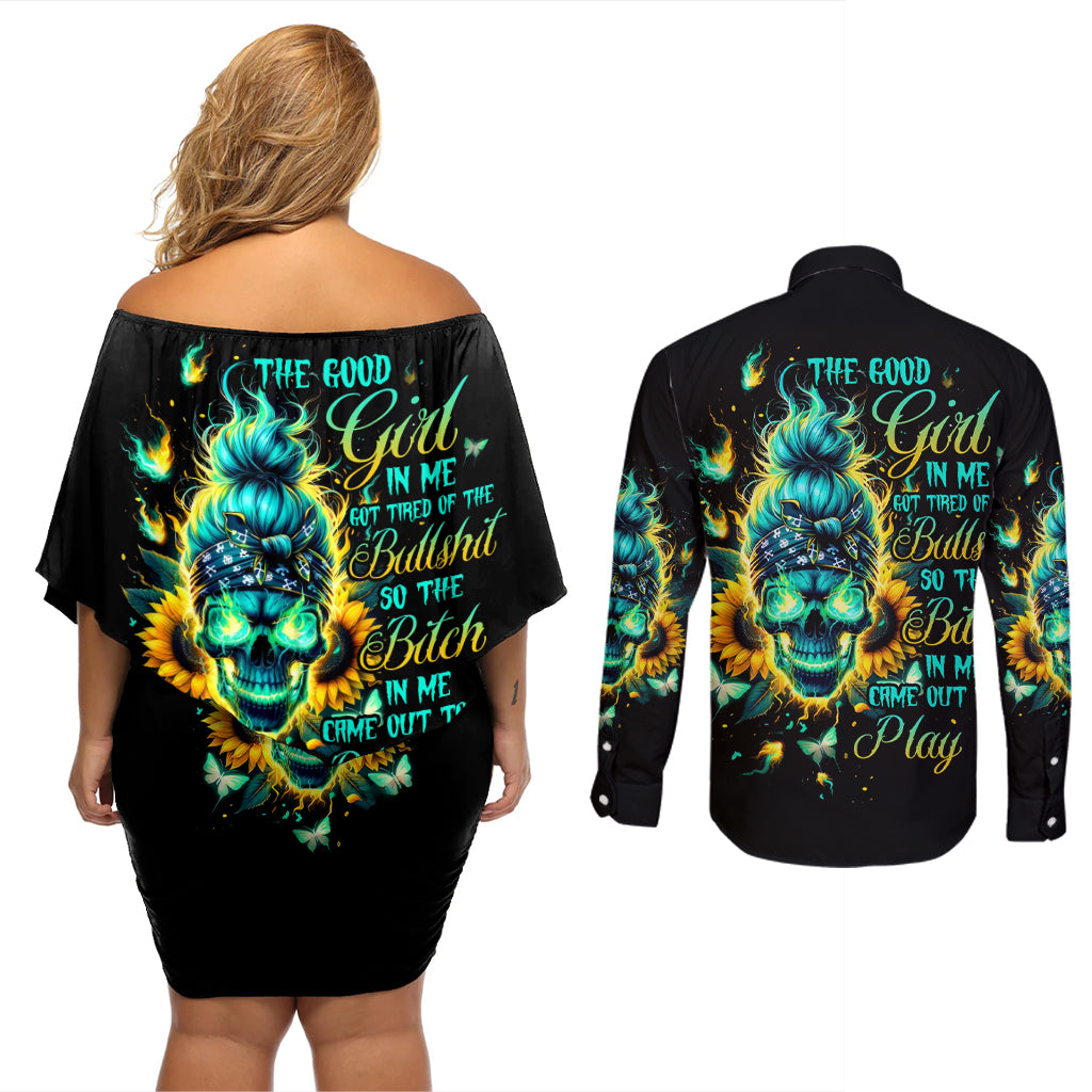 Flame Skull Couples Matching Off Shoulder Short Dress and Long Sleeve Button Shirt The Good Girl In Me Got Tired Of The Bullshit