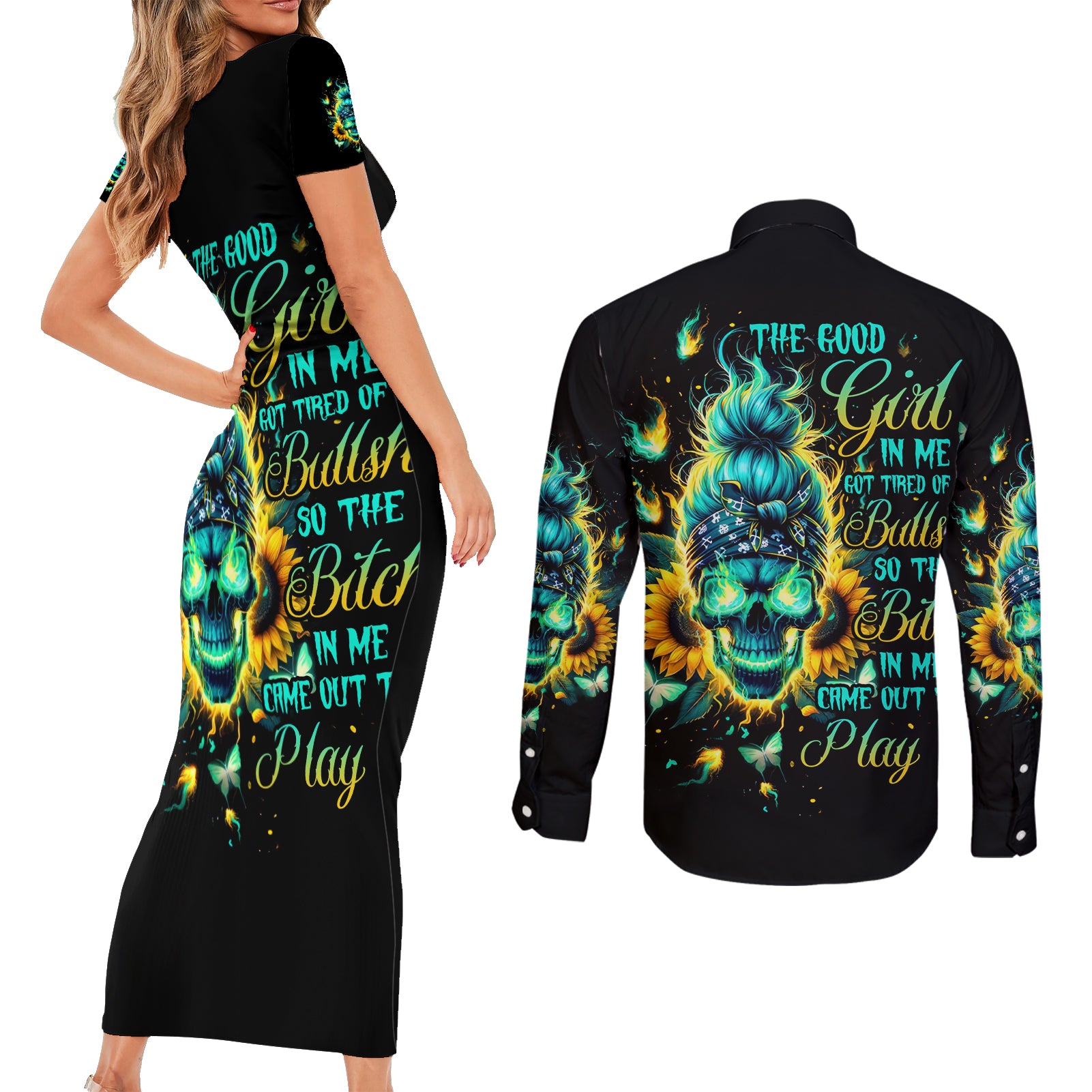 Flame Skull Couples Matching Short Sleeve Bodycon Dress and Long Sleeve Button Shirt The Good Girl In Me Got Tired Of The Bullshit