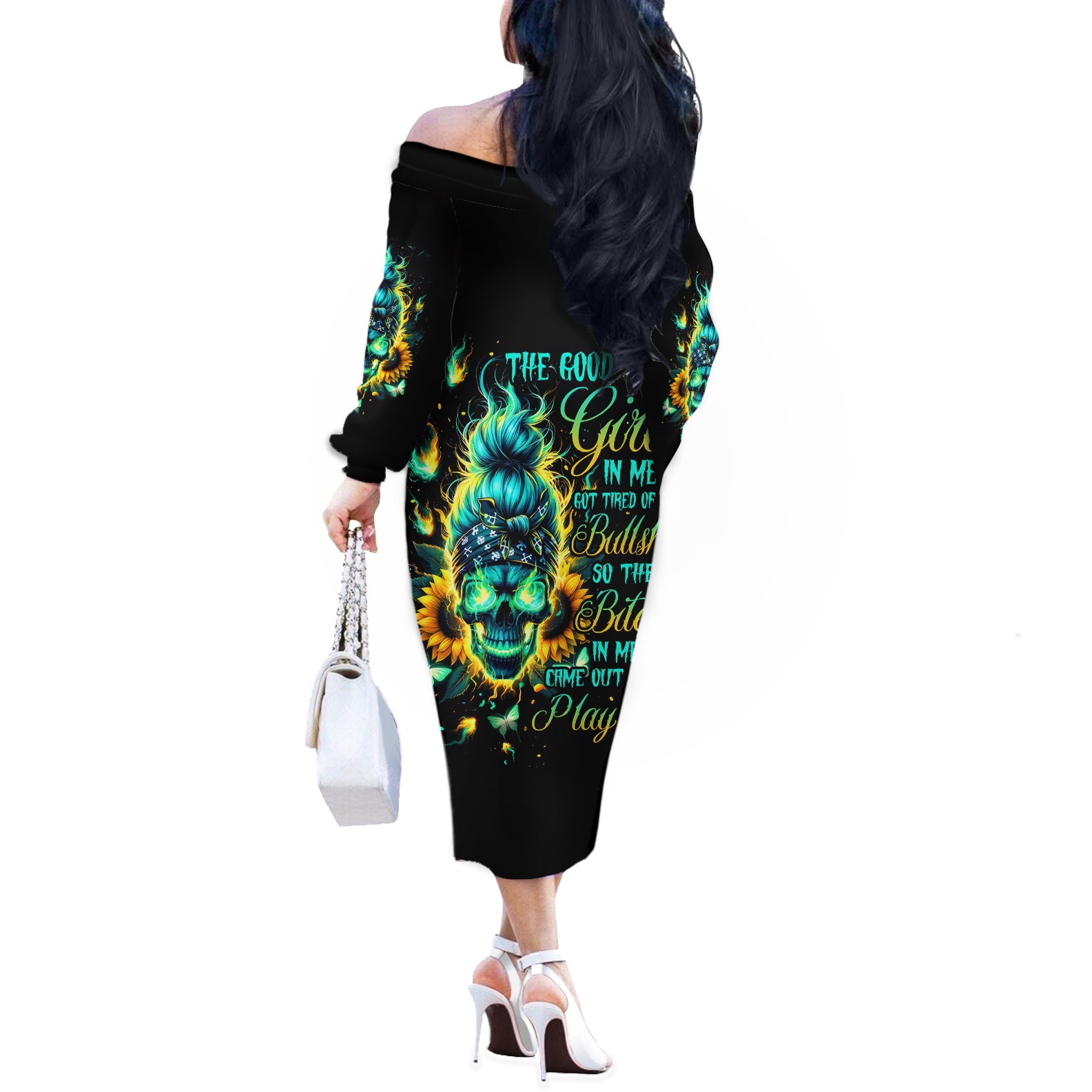 Flame Skull Off The Shoulder Long Sleeve Dress The Good Girl In Me Got Tired Of The Bullshit