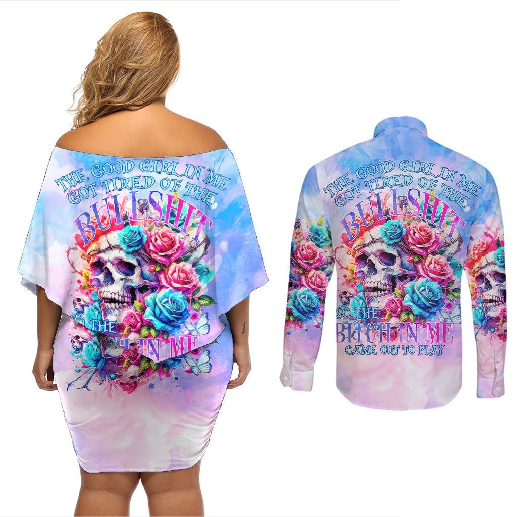 Rose Skull Couples Matching Off Shoulder Short Dress and Long Sleeve Button Shirt The Good Girl In Me Got Tired Of The Bullshit