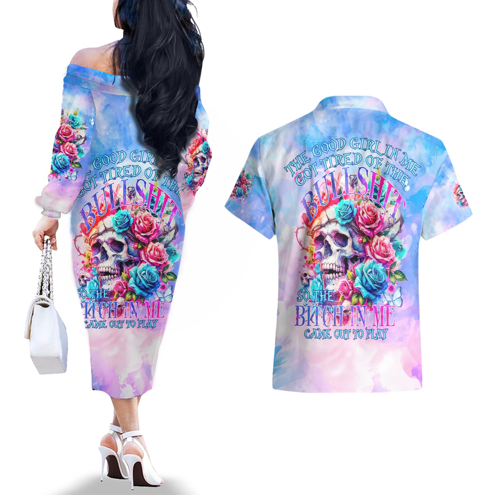 Rose Skull Couples Matching Off The Shoulder Long Sleeve Dress and Hawaiian Shirt The Good Girl In Me Got Tired Of The Bullshit