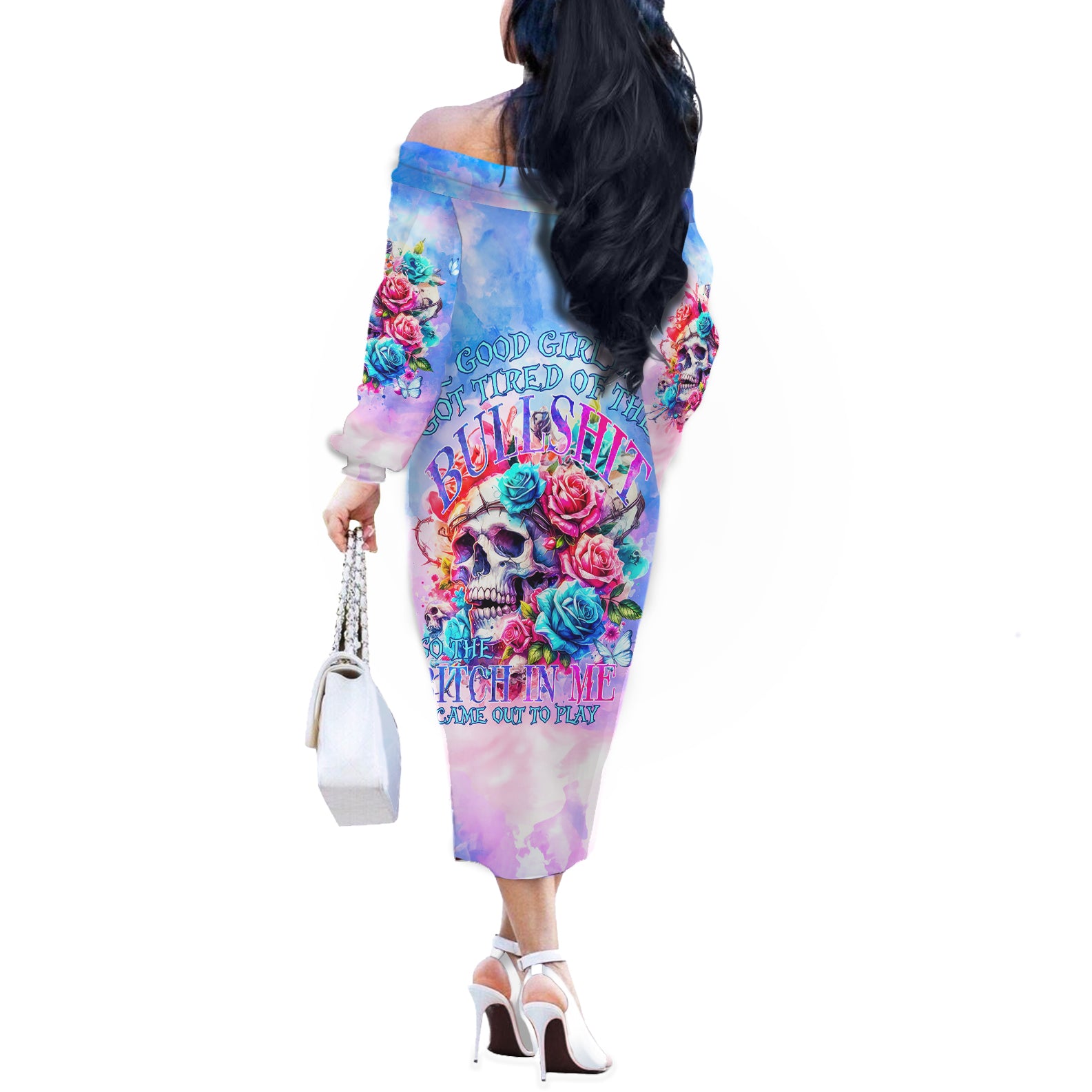 Rose Skull Off The Shoulder Long Sleeve Dress The Good Girl In Me Got Tired Of The Bullshit