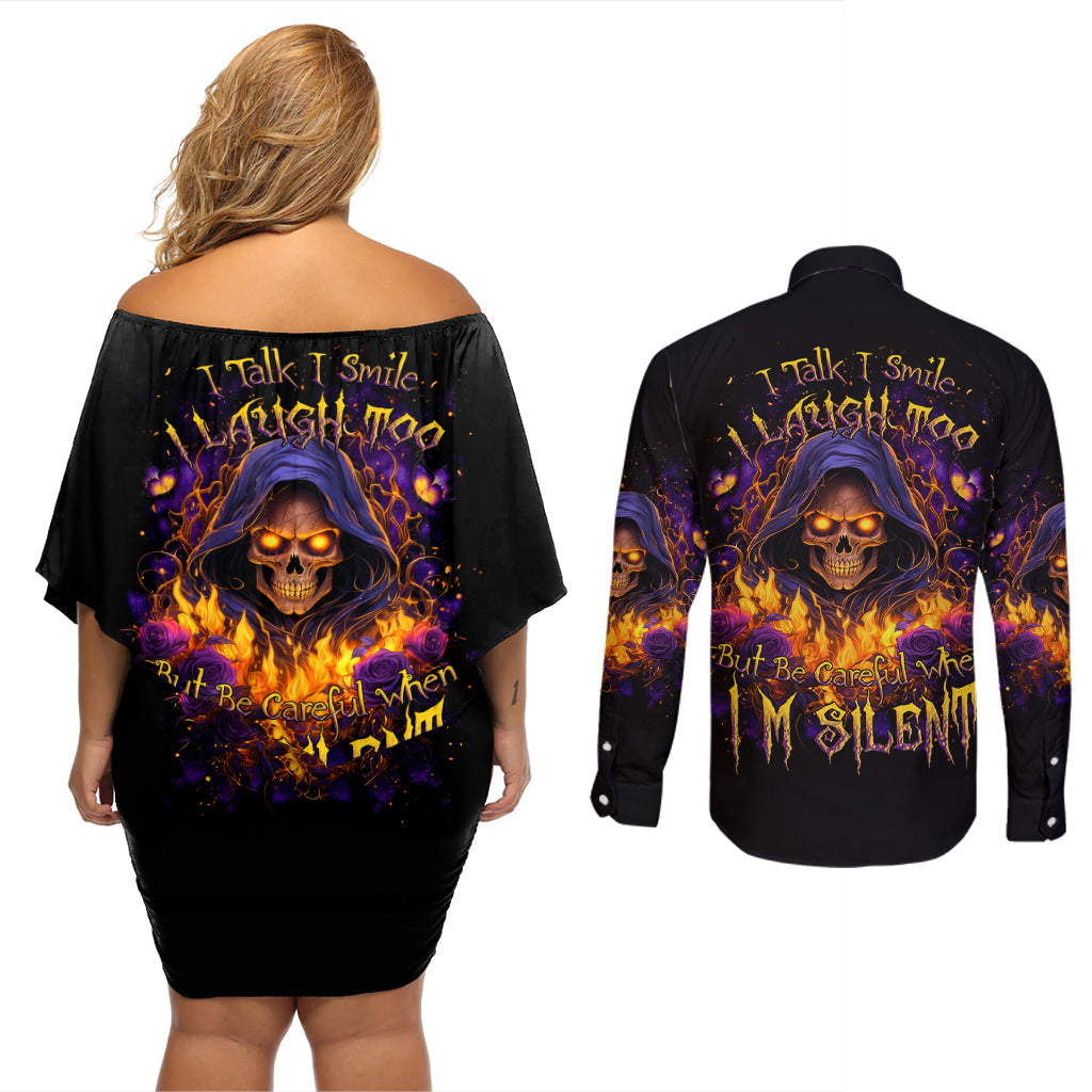 Flame Skull Couples Matching Off Shoulder Short Dress and Long Sleeve Button Shirt I Talk I Smite But Be Careful When I Silent