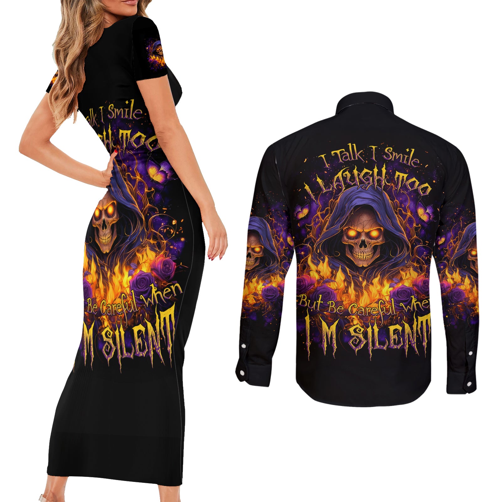 Flame Skull Couples Matching Short Sleeve Bodycon Dress and Long Sleeve Button Shirt I Talk I Smite But Be Careful When I Silent