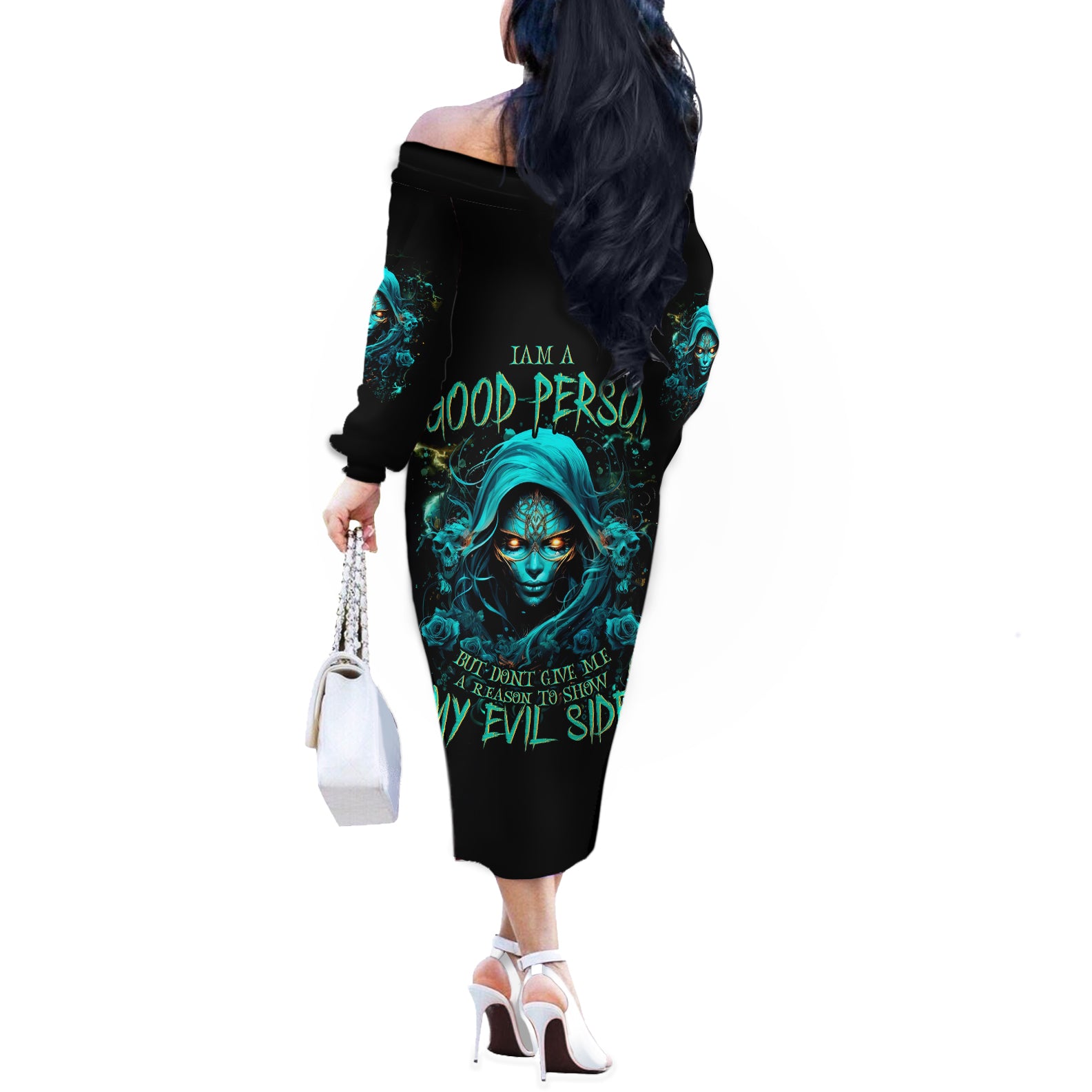 Lady Skull Off The Shoulder Long Sleeve Dress Iam A Good Person But Don't Give Me Are To Show My Evil Side