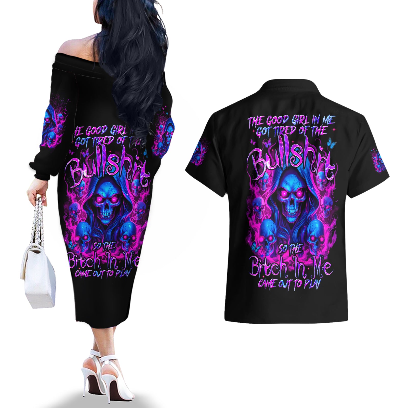 Flame Skull Couples Matching Off The Shoulder Long Sleeve Dress and Hawaiian Shirt The Good Girl In Me Got Tired Of The Bullshit