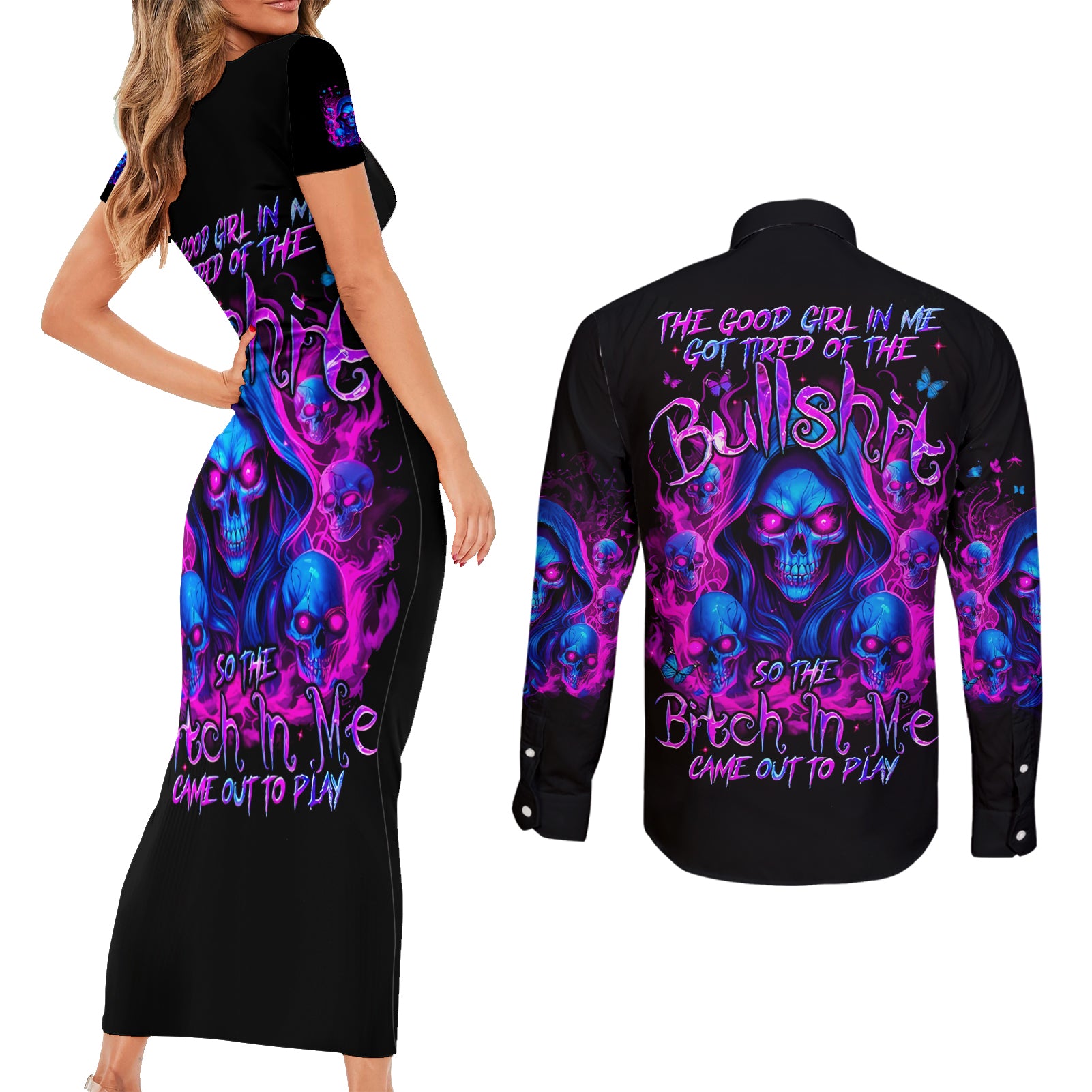 Flame Skull Couples Matching Short Sleeve Bodycon Dress and Long Sleeve Button Shirt The Good Girl In Me Got Tired Of The Bullshit