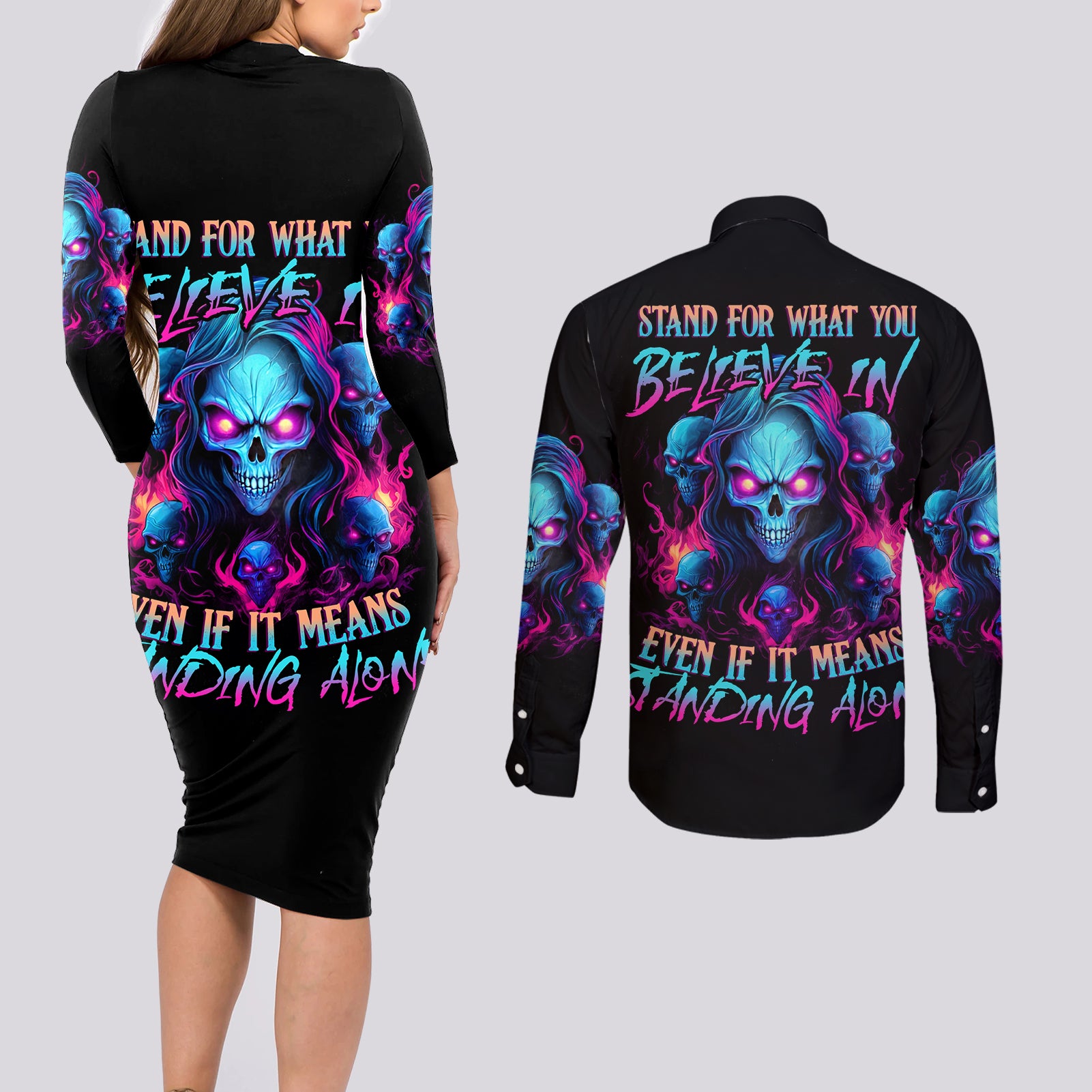 Lady Skull Couples Matching Long Sleeve Bodycon Dress and Long Sleeve Button Shirt Stand For What You Believe In Even If It Means Standing Alone