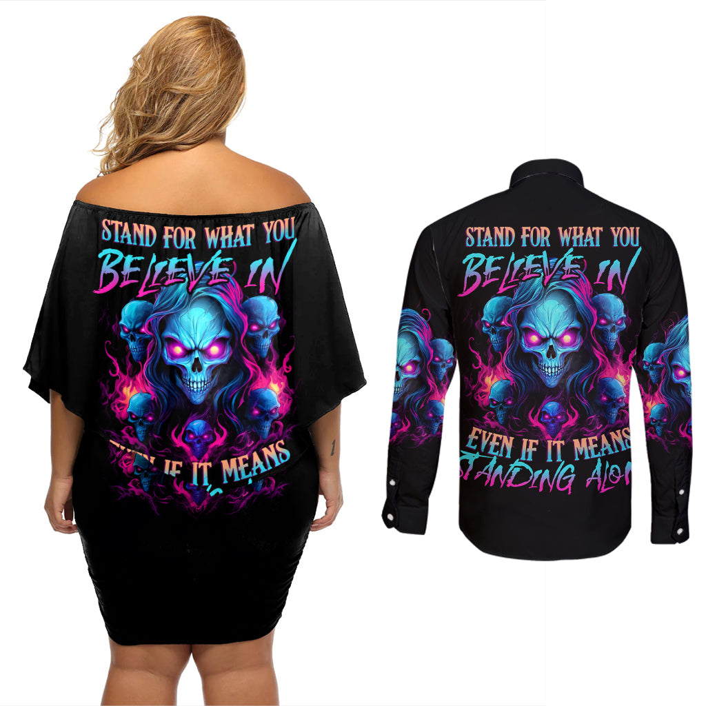 Lady Skull Couples Matching Off Shoulder Short Dress and Long Sleeve Button Shirt Stand For What You Believe In Even If It Means Standing Alone