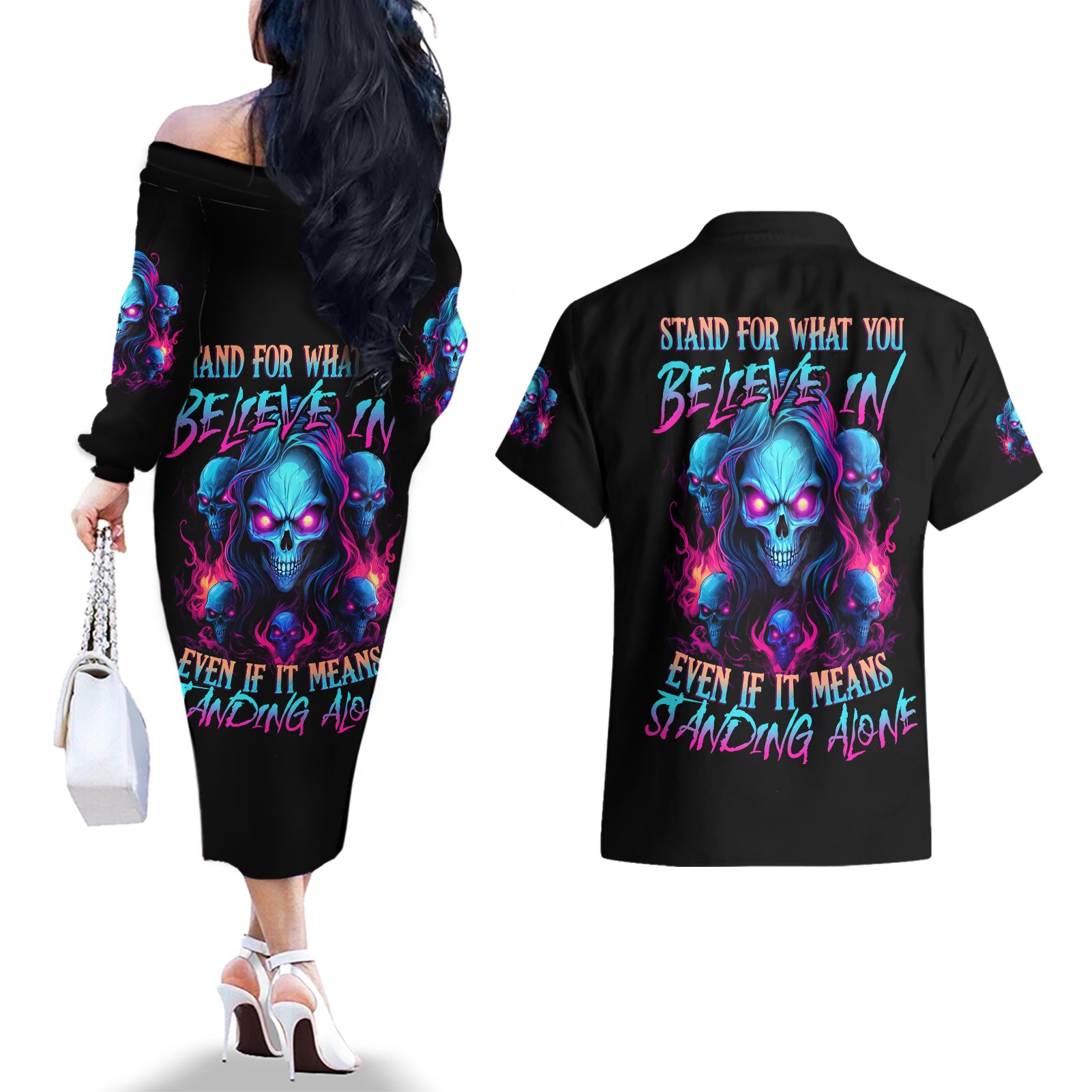 Lady Skull Couples Matching Off The Shoulder Long Sleeve Dress and Hawaiian Shirt Stand For What You Believe In Even If It Means Standing Alone