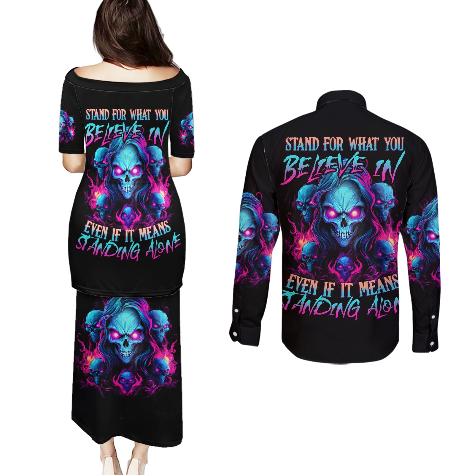 Lady Skull Couples Matching Puletasi and Long Sleeve Button Shirt Stand For What You Believe In Even If It Means Standing Alone