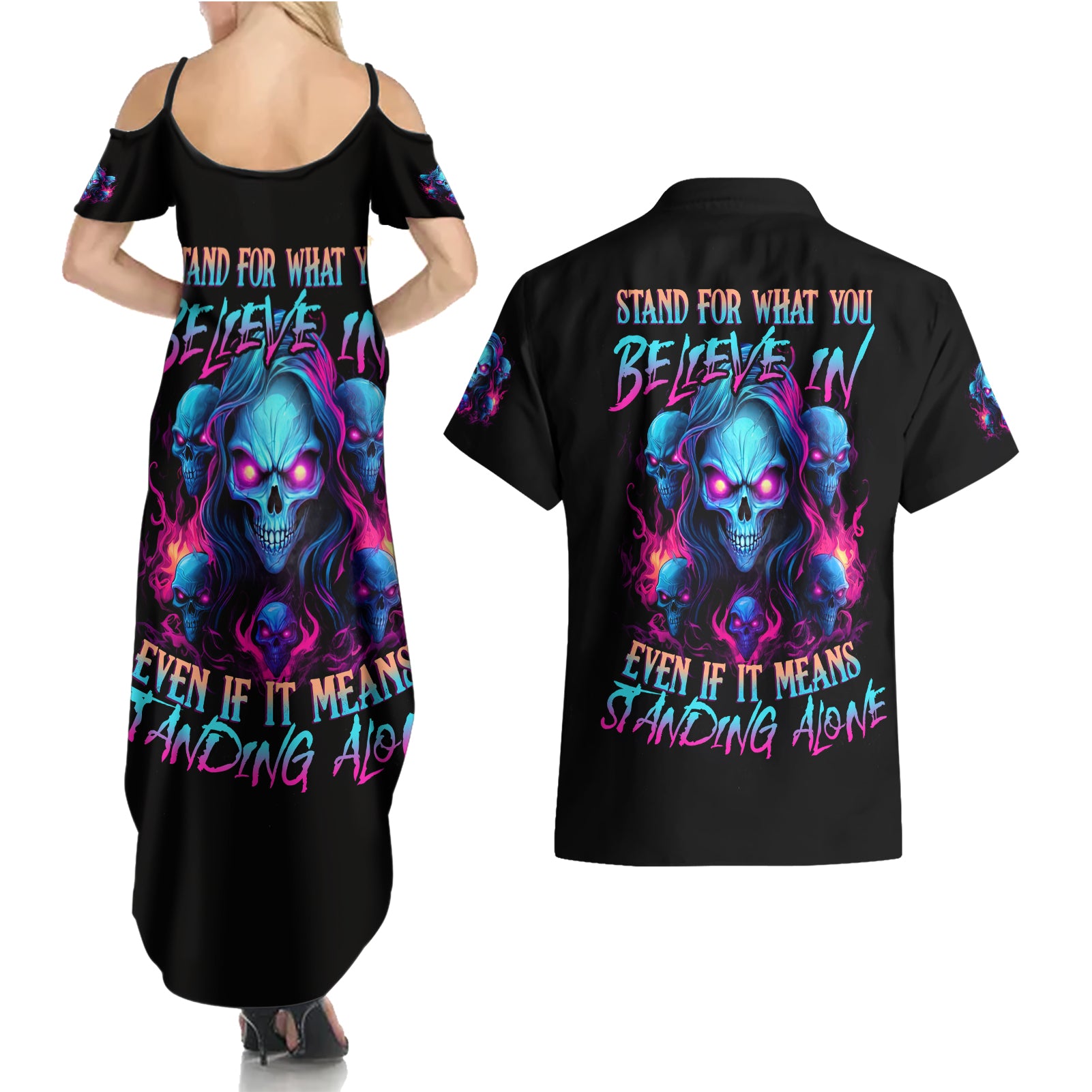 Lady Skull Couples Matching Summer Maxi Dress and Hawaiian Shirt Stand For What You Believe In Even If It Means Standing Alone