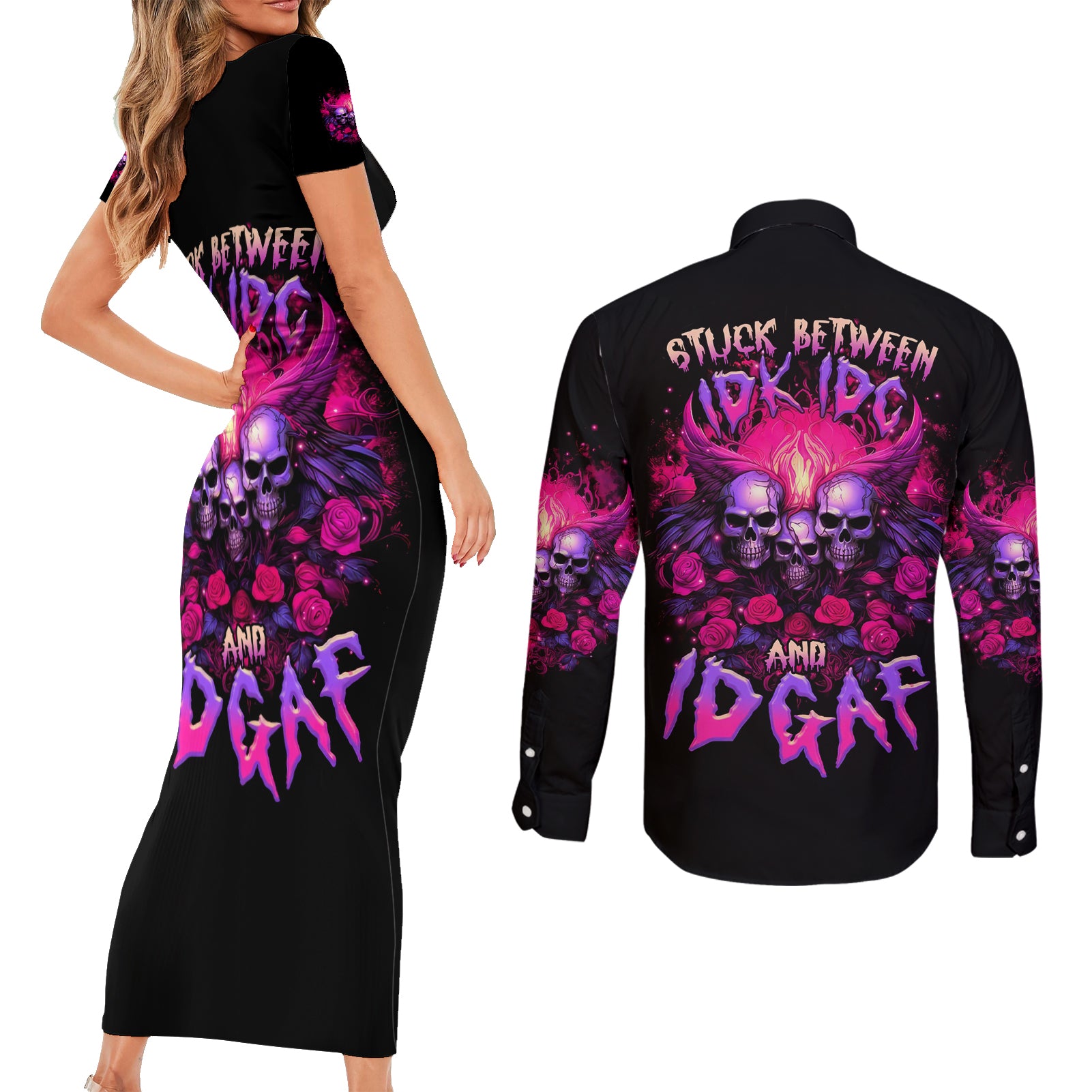 Rose Skull Couples Matching Short Sleeve Bodycon Dress and Long Sleeve Button Shirt Stuck Between IDK IDC And IDGAF