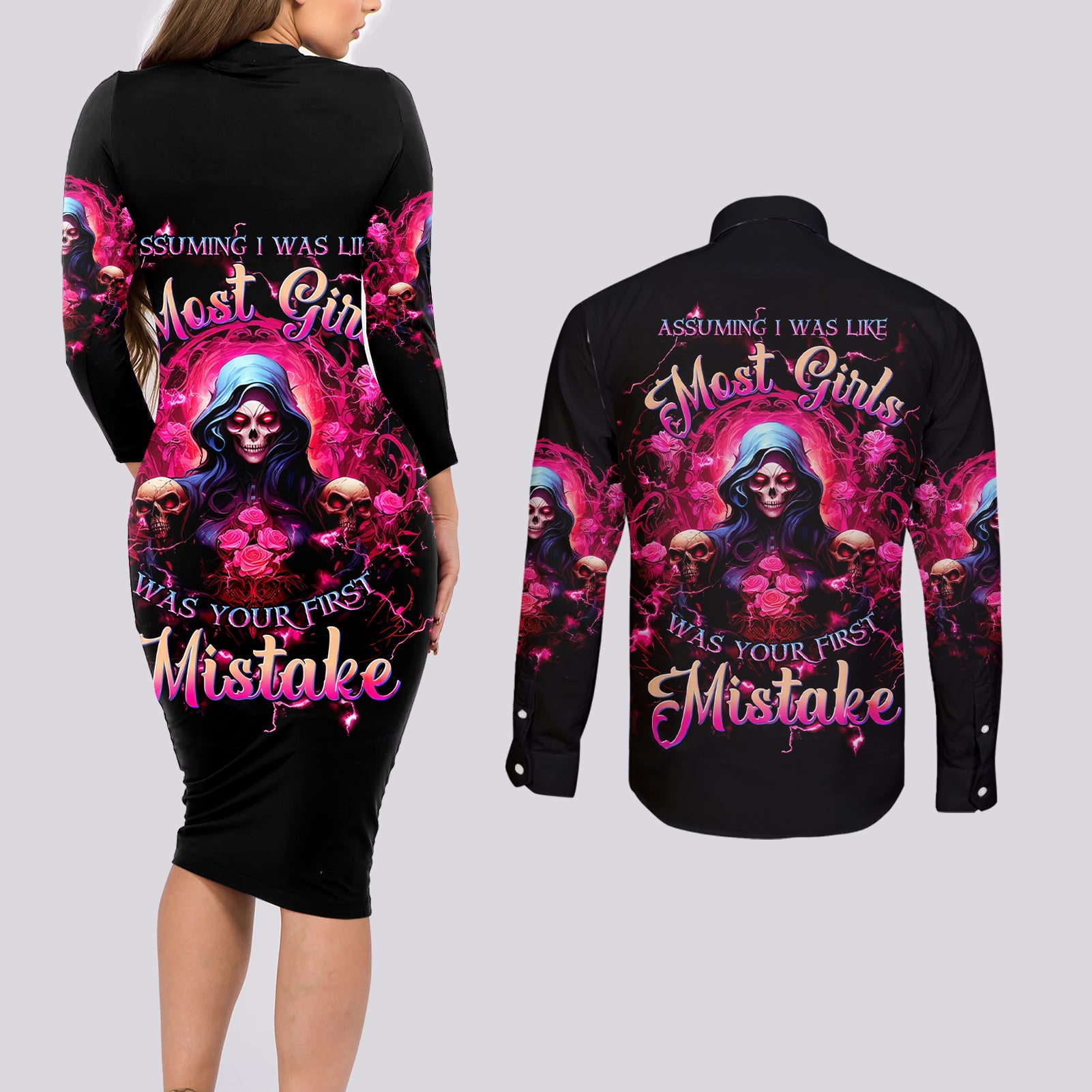 Rose Skull Couples Matching Long Sleeve Bodycon Dress and Long Sleeve Button Shirt I Hold A Beast An Angel And A Crazy Lady In Me